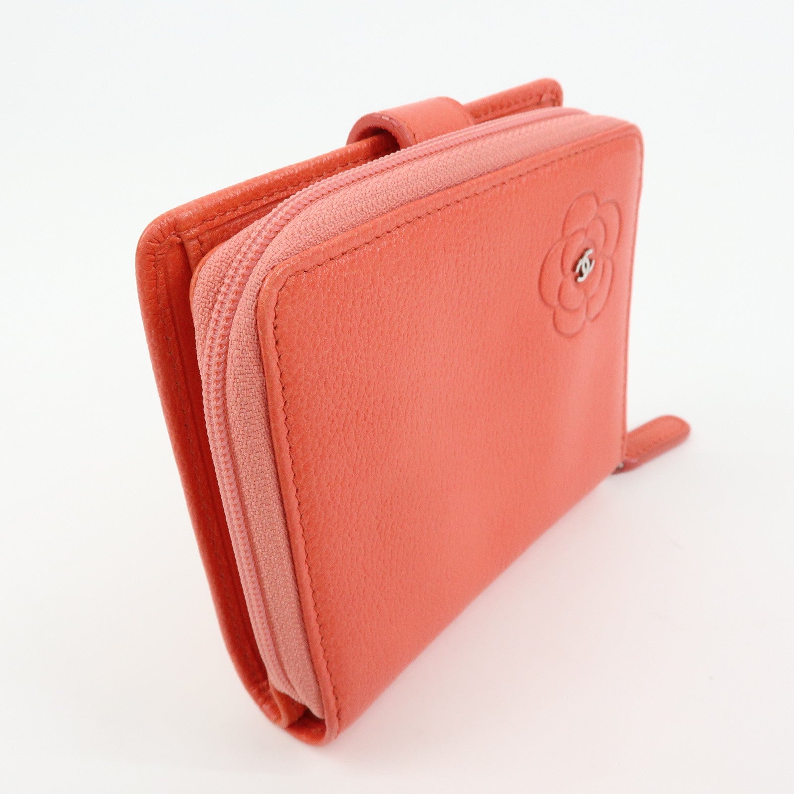 CHANEL Camellia Zip Around Leather Compact Wallet Rose Pink