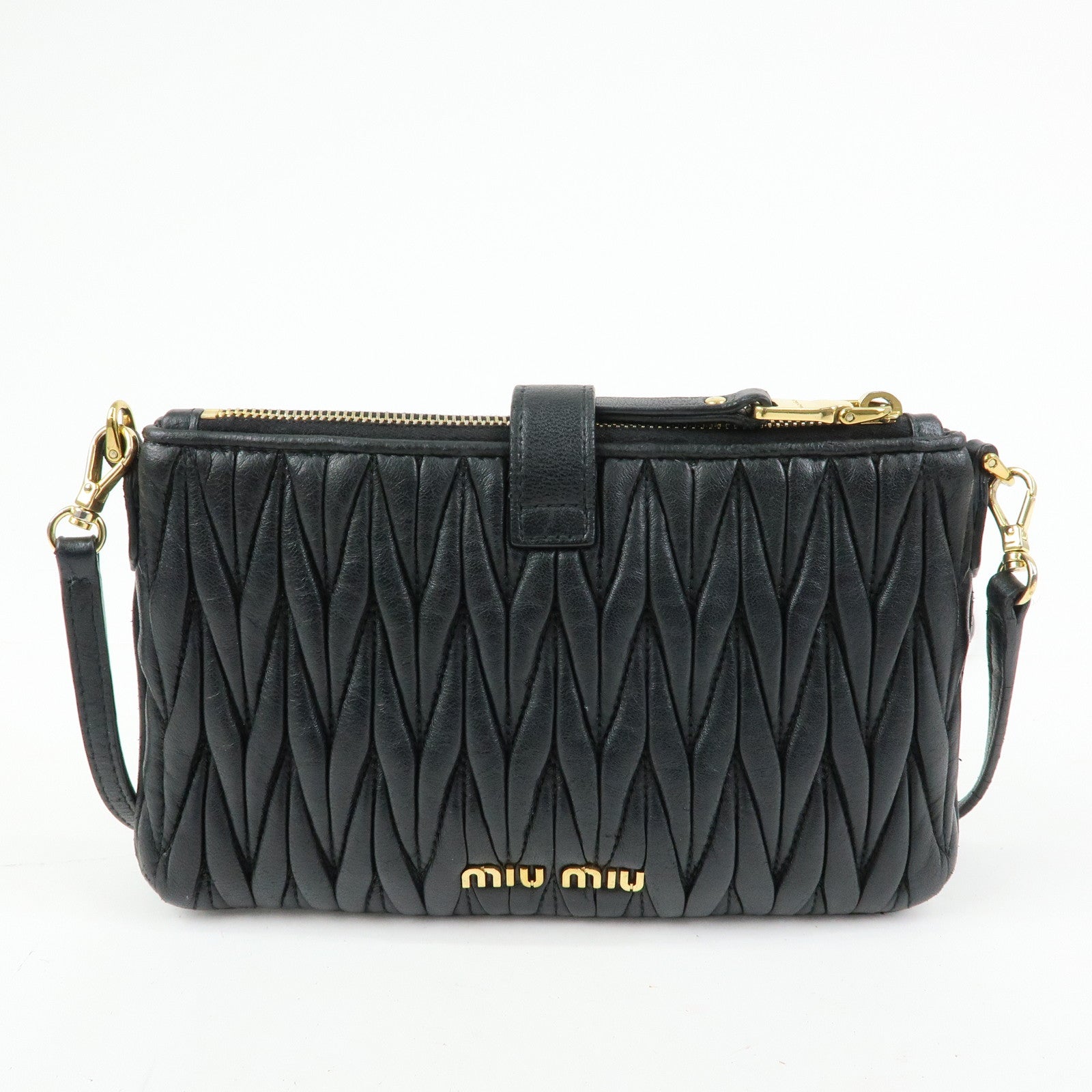 MIU MIU Matelasse Leather Gathered Shoulder Bag Crossbody Bag Black