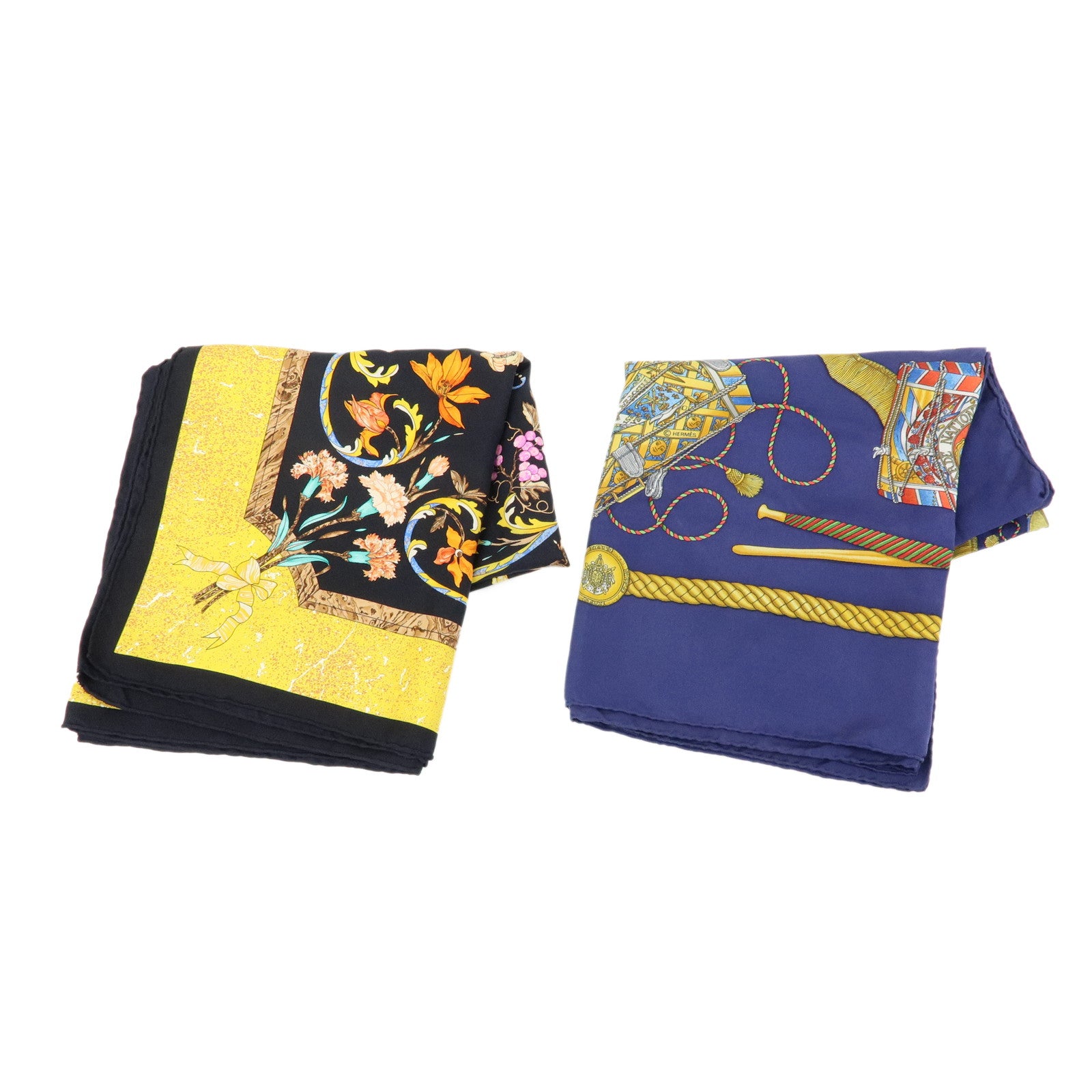 HERMES Carre 90 Set of 2 Silk 100% Scarf Black Navy Yellow