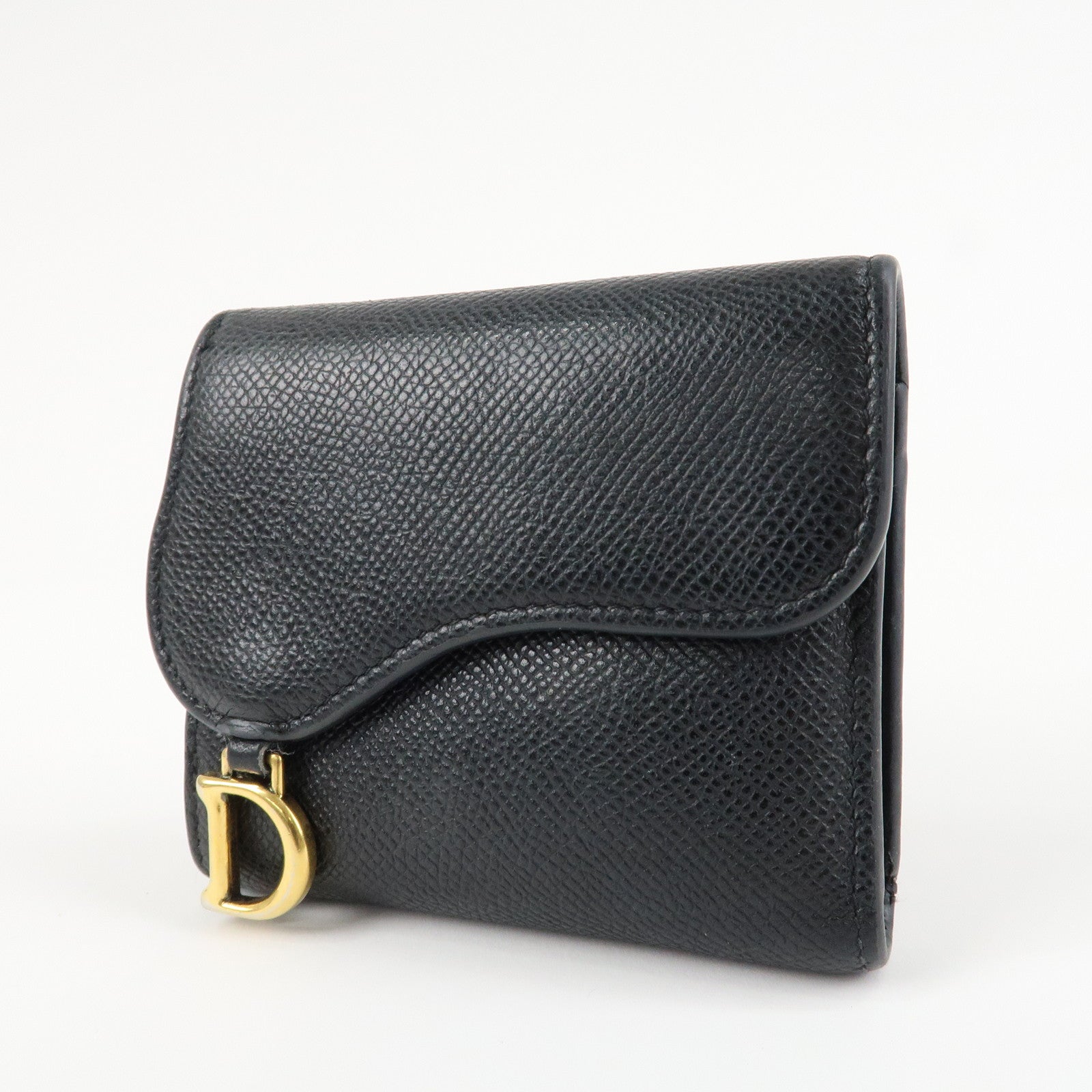Christian Dior Saddle Leather Compact Wallet Black Gold Hardware Used