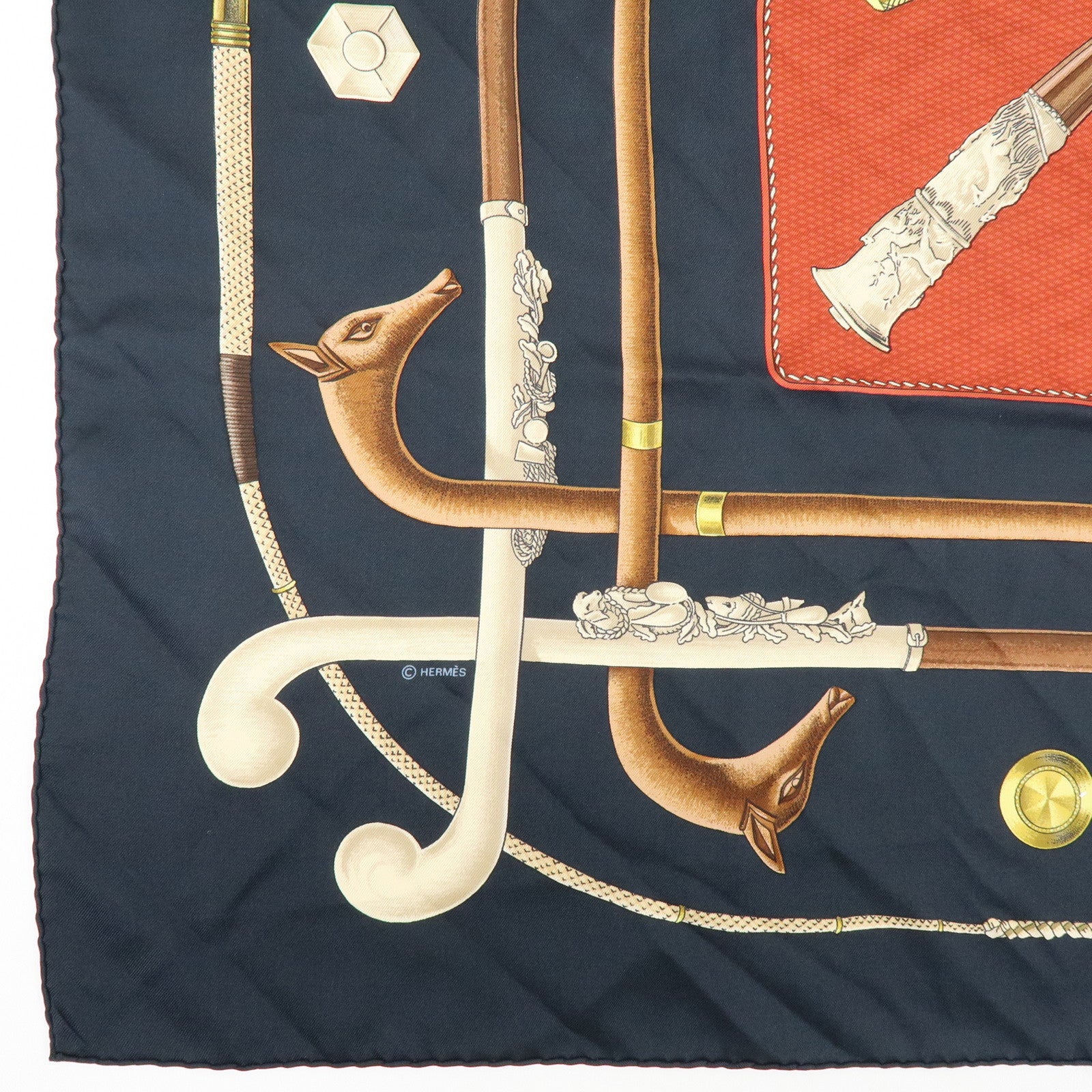 HERMES Carre 90 Silk 100% Scarf CANNES ET POMMEAUX Stick Black