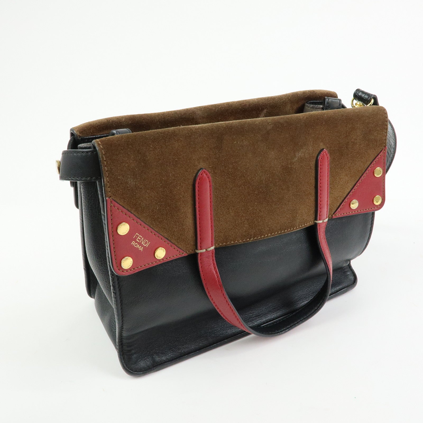 FENDI Flip Leather Suede 2Way Bag Hand Shoulder Bag Black 8BT302