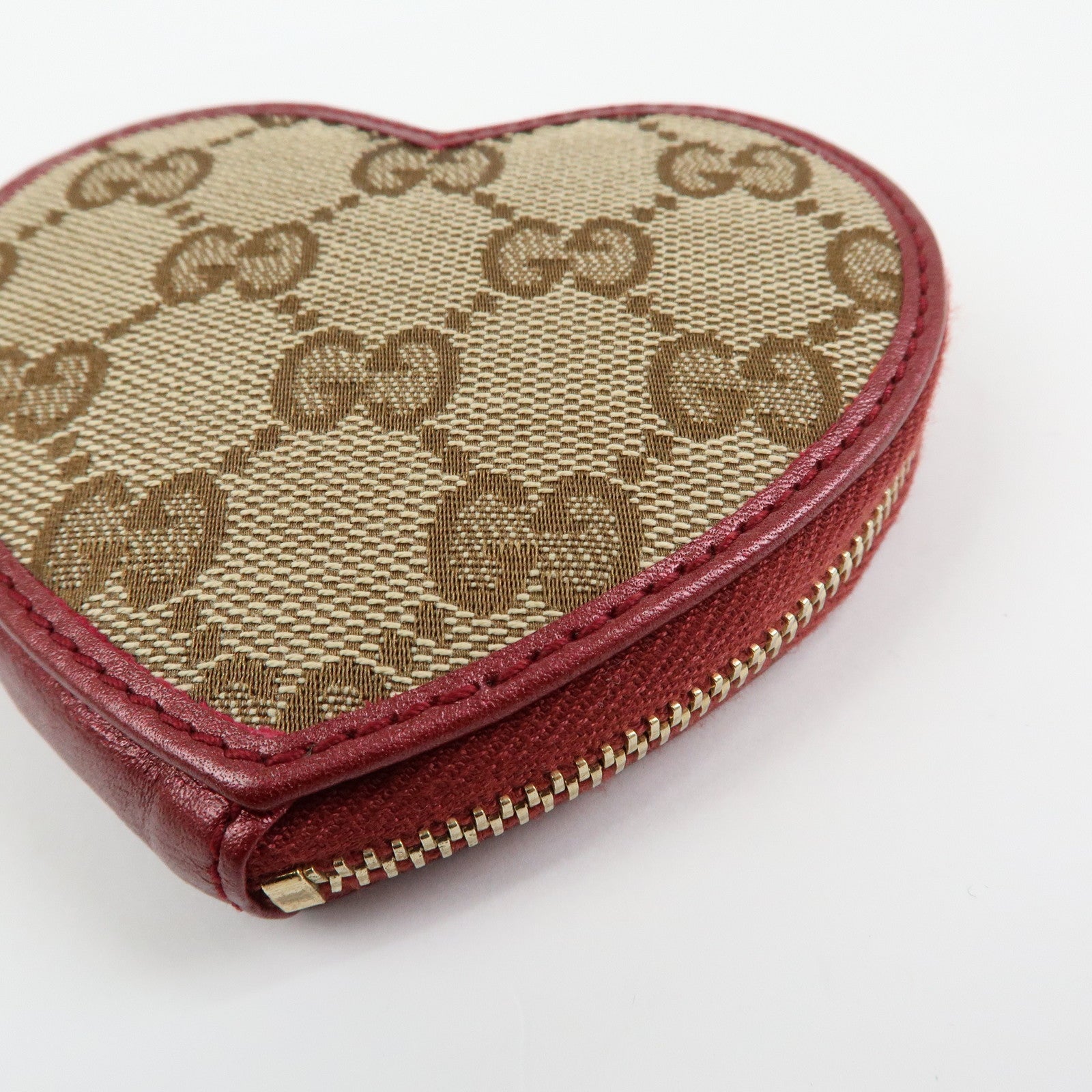 GUCCI Lovely Heart GG Canvas Leather Coin Case Beige Bordeaux152615