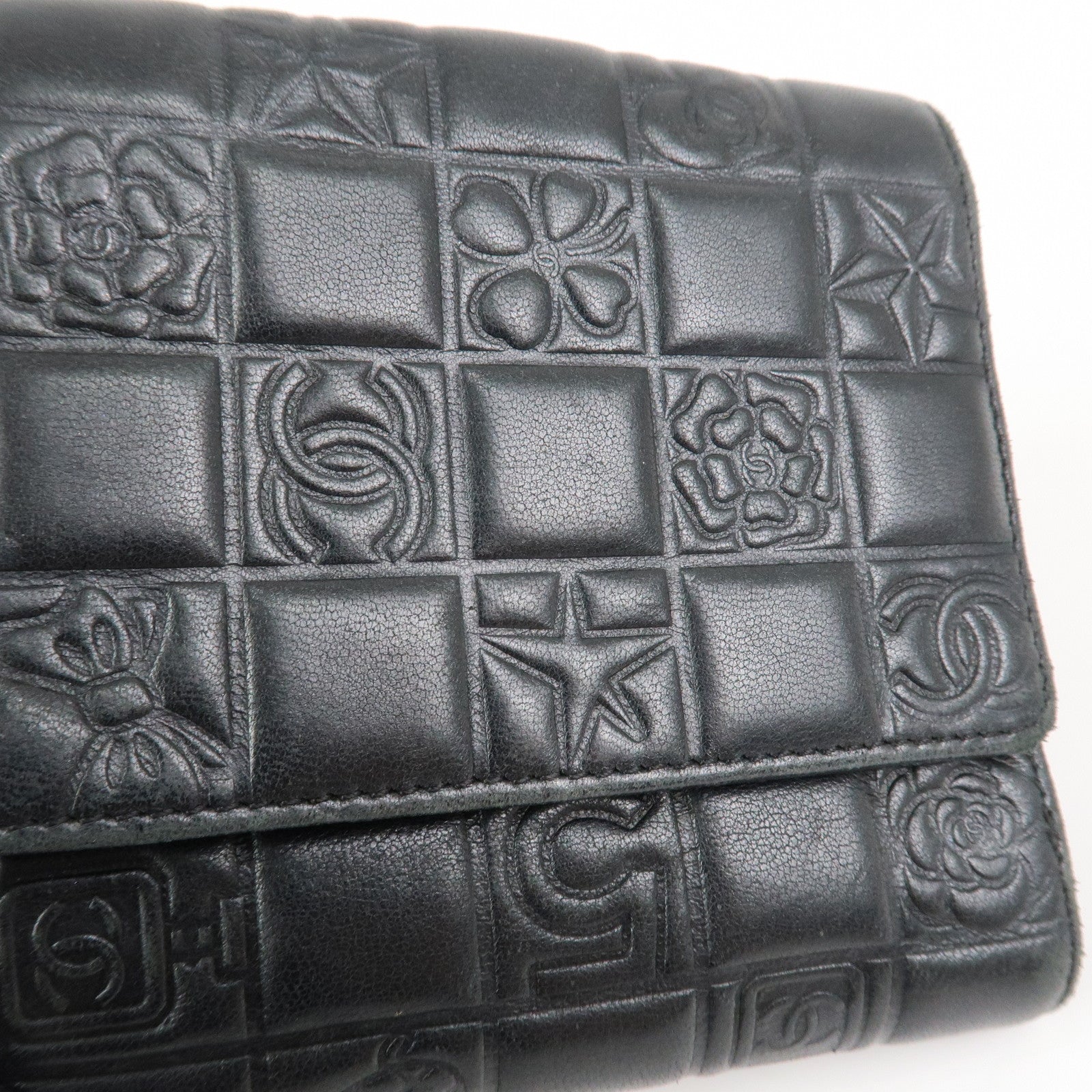 CHANEL Icon Line Lamb Skin W Flap Bi-fold Wallet Black A24212