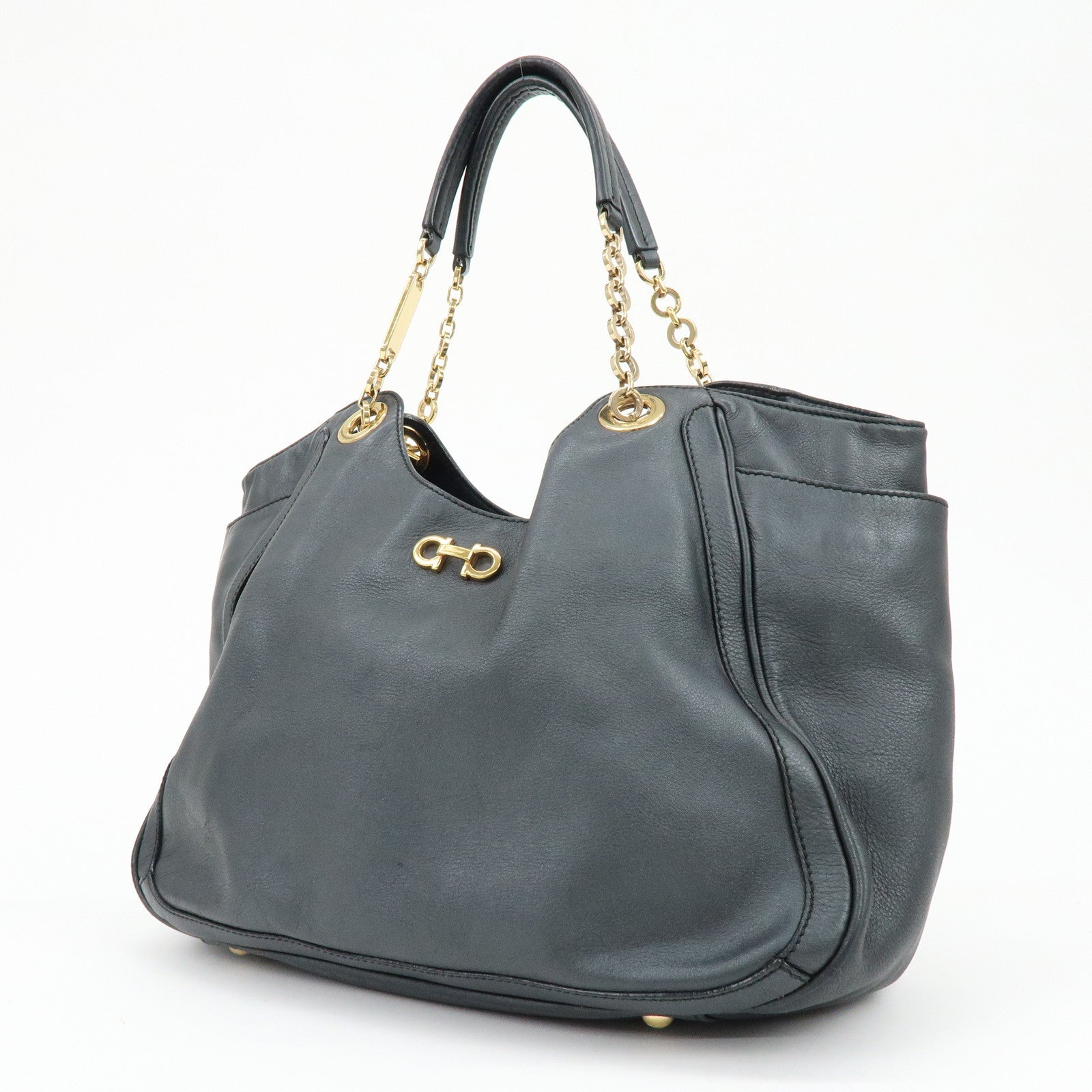 Ferragamo Gancini Leather Chain Tote Bag Shoulder Bag Black