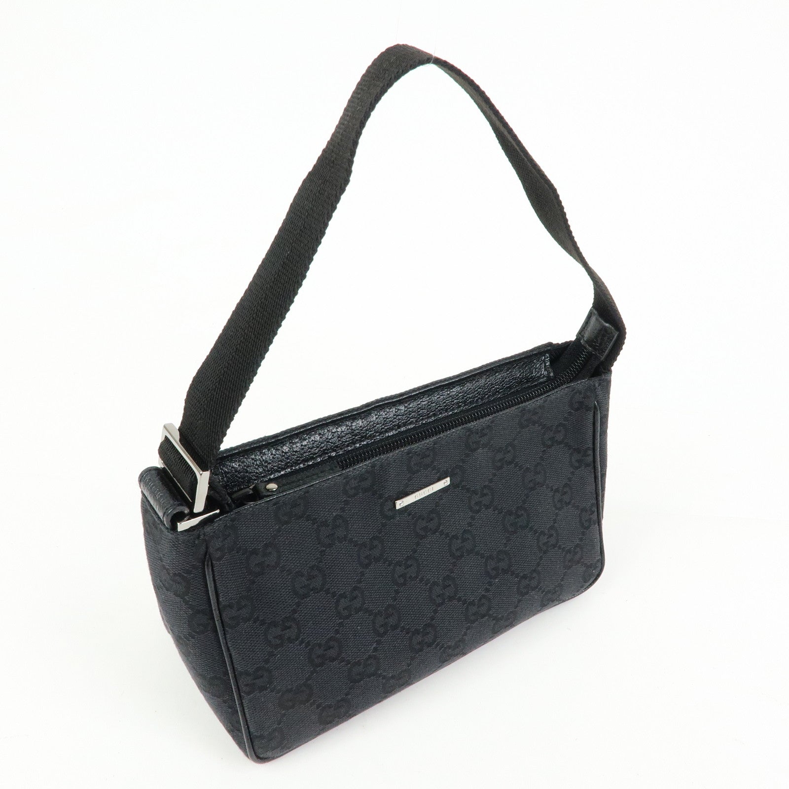 GUCCI Logo GG Canvas Leather Small Hand Bag Pouch Black 106644