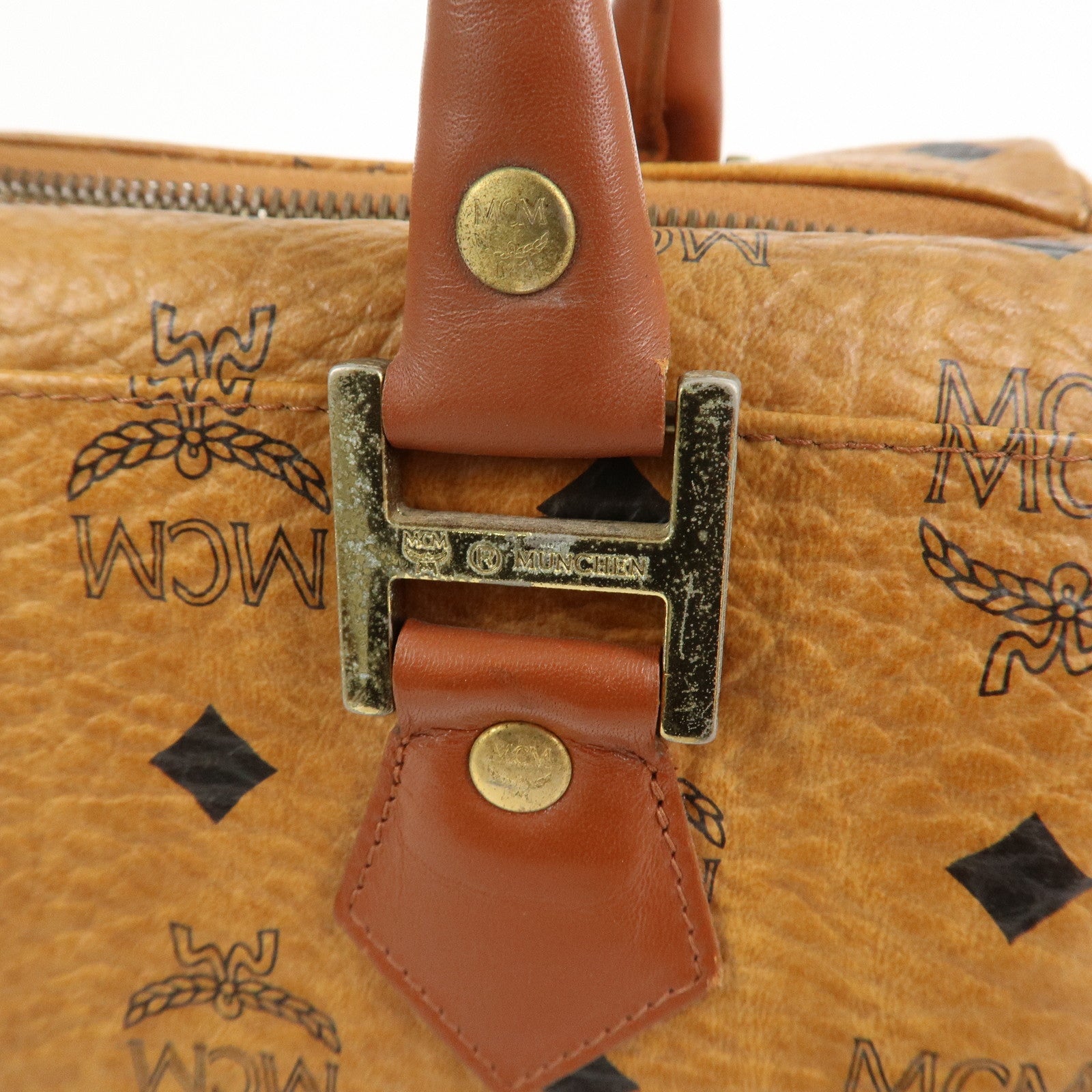 MCM Visetos Leather Boston Bag Hand Bag Brown