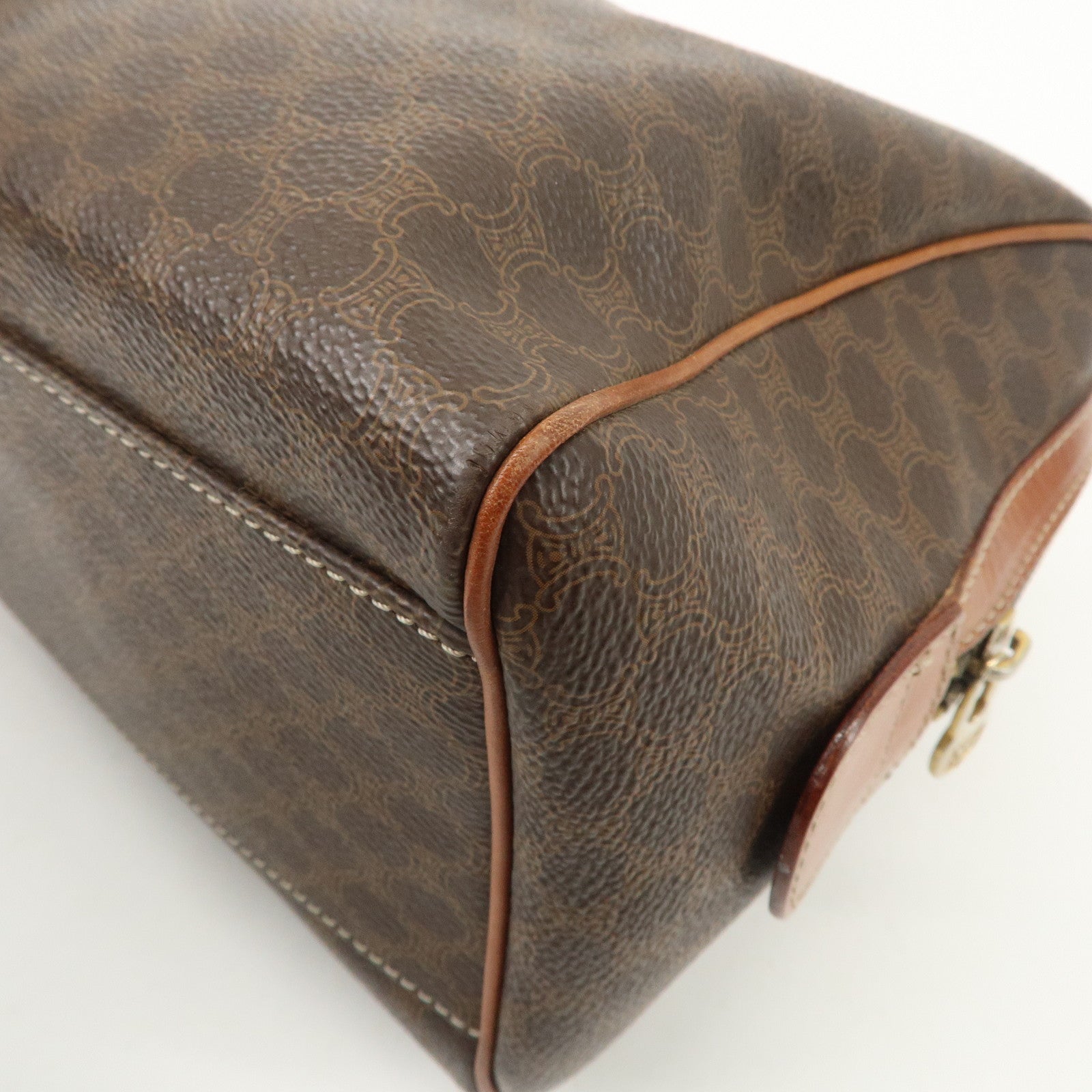 CELINE Macadam Leather PVC Boston Bag Hand Bag Brown Used