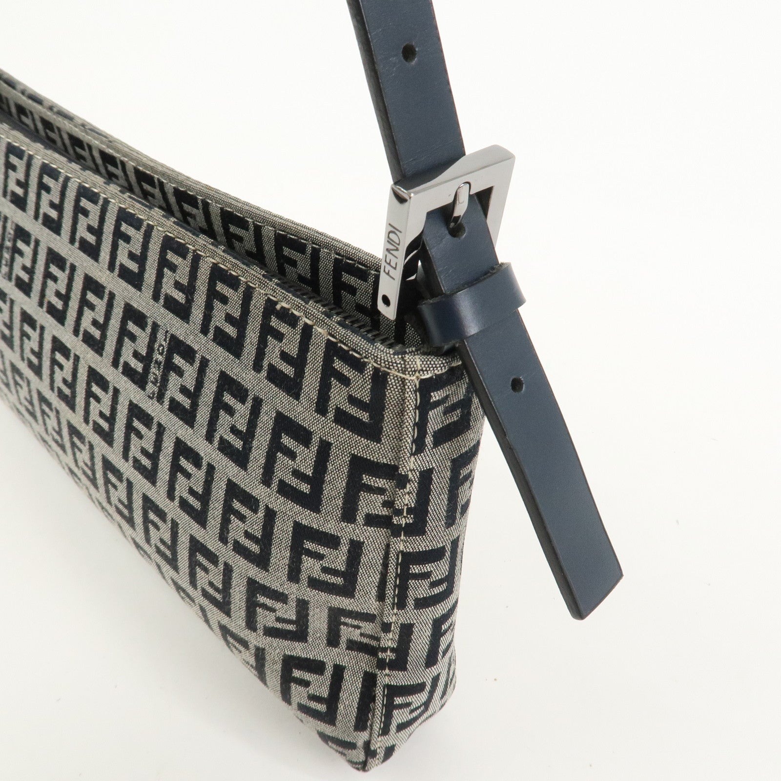 FENDI Zucchino Canvas Leather Shoulder Bag Hand Bag Navy 8BR042