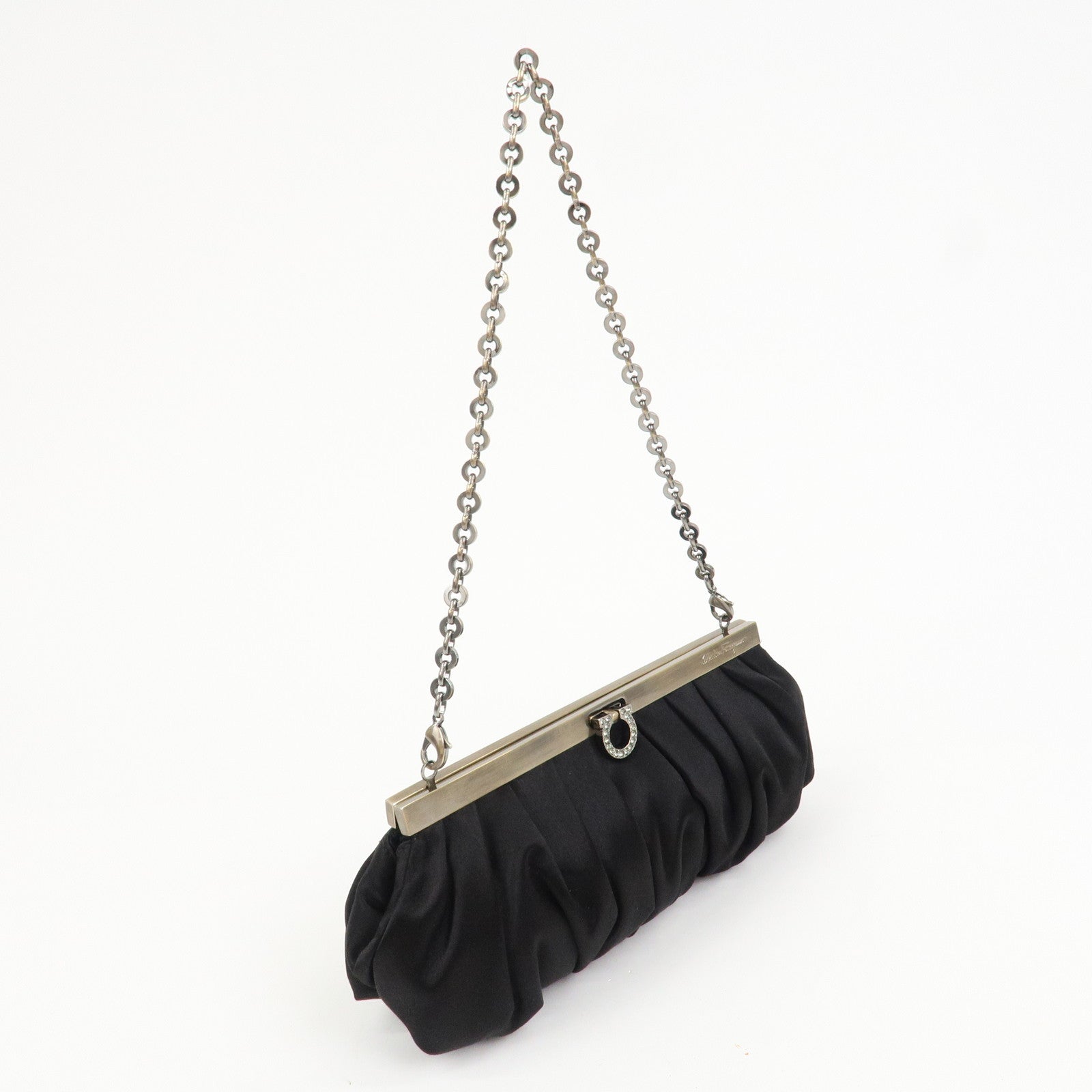 Ferragamo Gancini Satin Chain 2Way Bag Clutch Bag Black