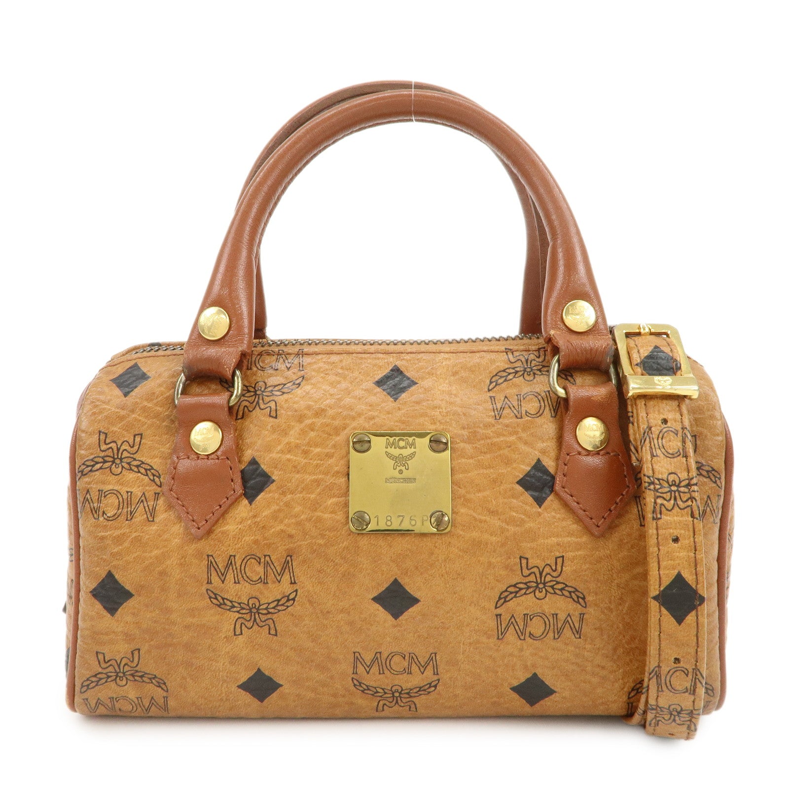 MCM Visetos Leather 2Way Bag Mini Boston Bag Shoulder Bag Brown