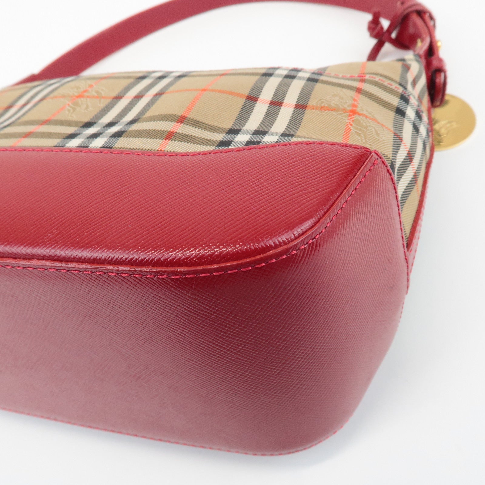 BURBERRY Nova Plaid Canvas Leather Shoulder Bag Red Used