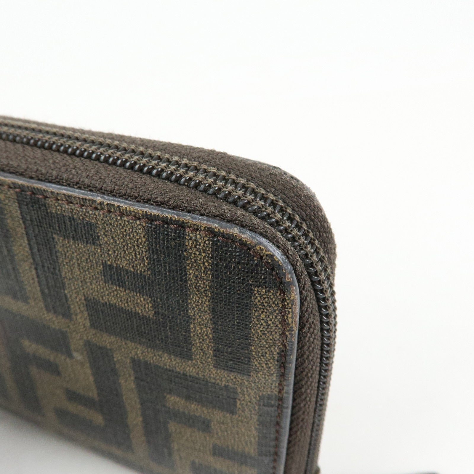 FENDI Zucchino Canvas Leather Round Zippy Long Wallet Brown 8M0024