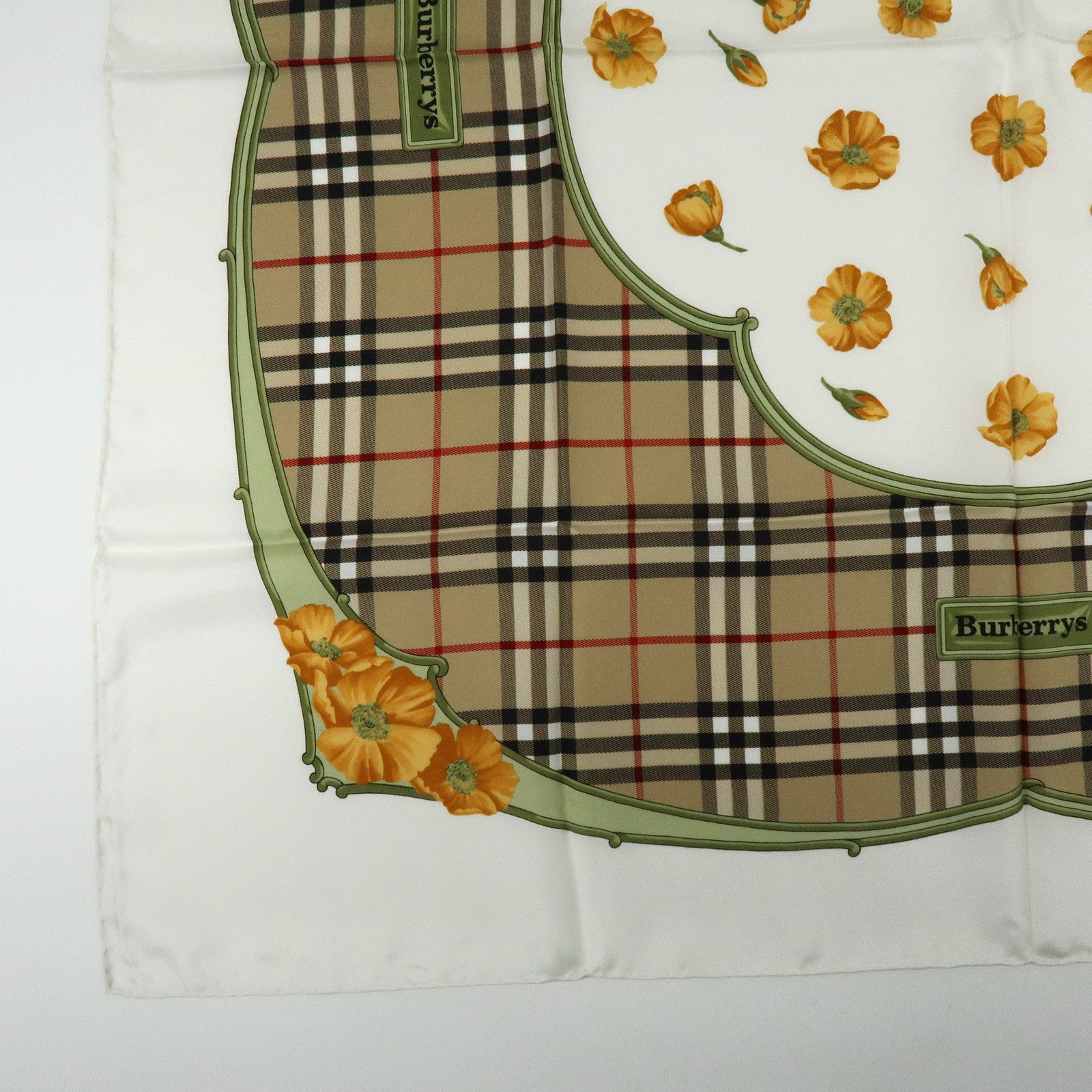 BURBERRY Nova Plaid Flower Motif Silk 100% Scarf Beige White Orange