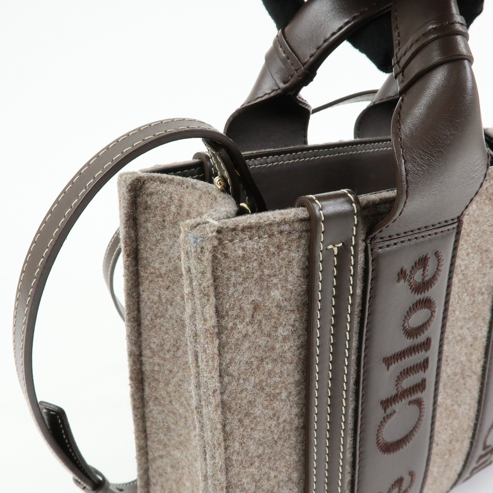 Chloe Woody Felt Leather Mini 2Way Bag Hand Bag Shoulder Bag Brown