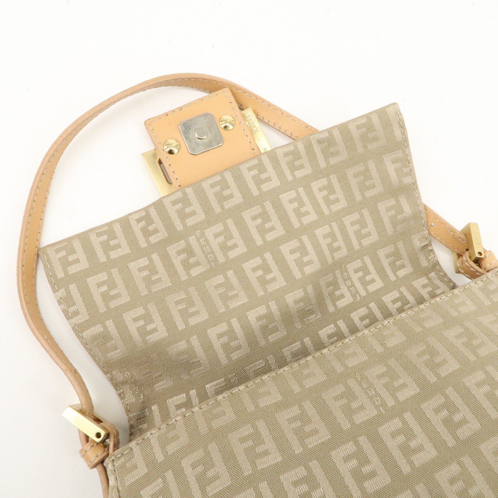 FENDI Mini Mamma Baguette Zucchino Canvas Leather Shoulder Bag Used