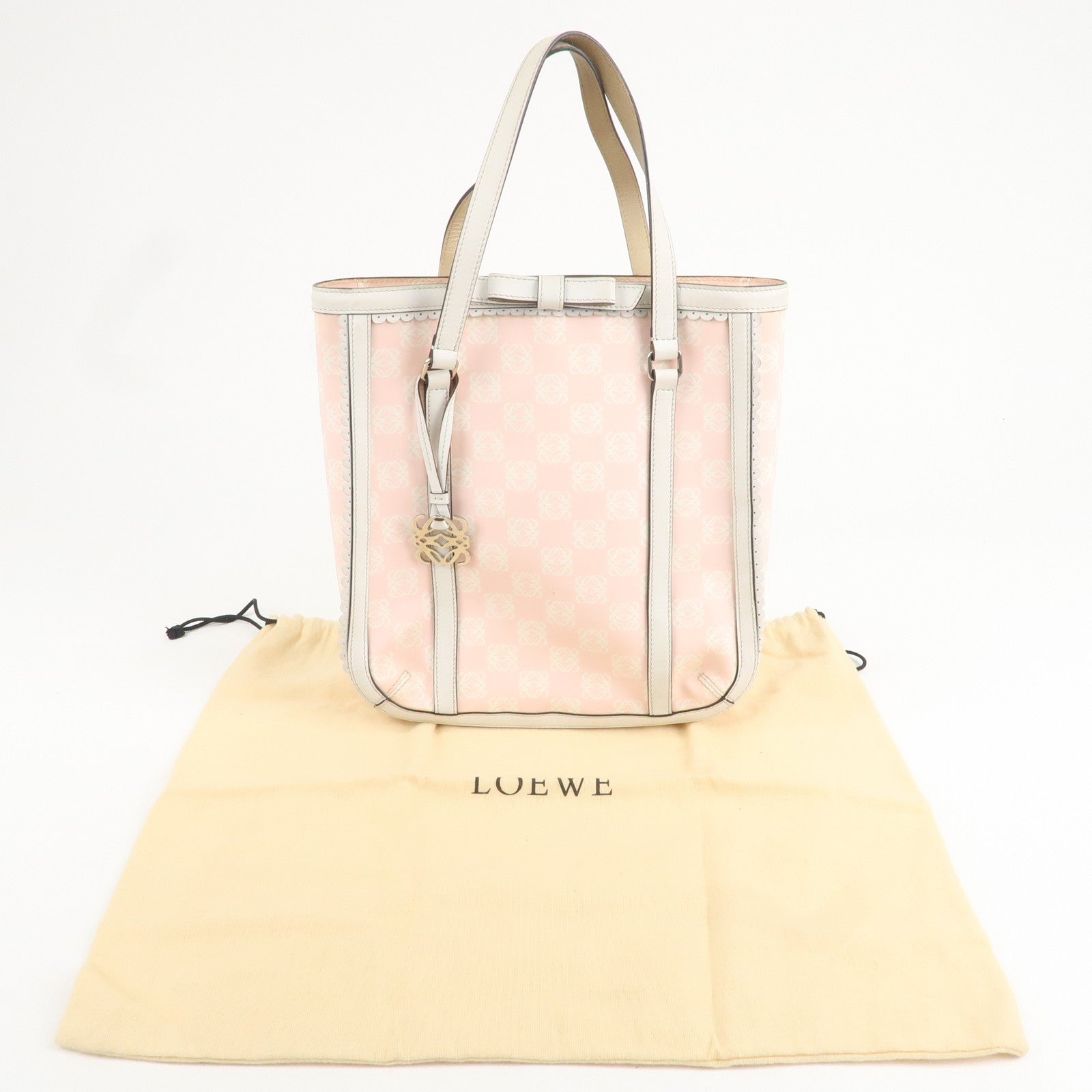 LOEWE Anagram PVC Leather Tote Bag Hand Bag Pink Ivory Ribbon