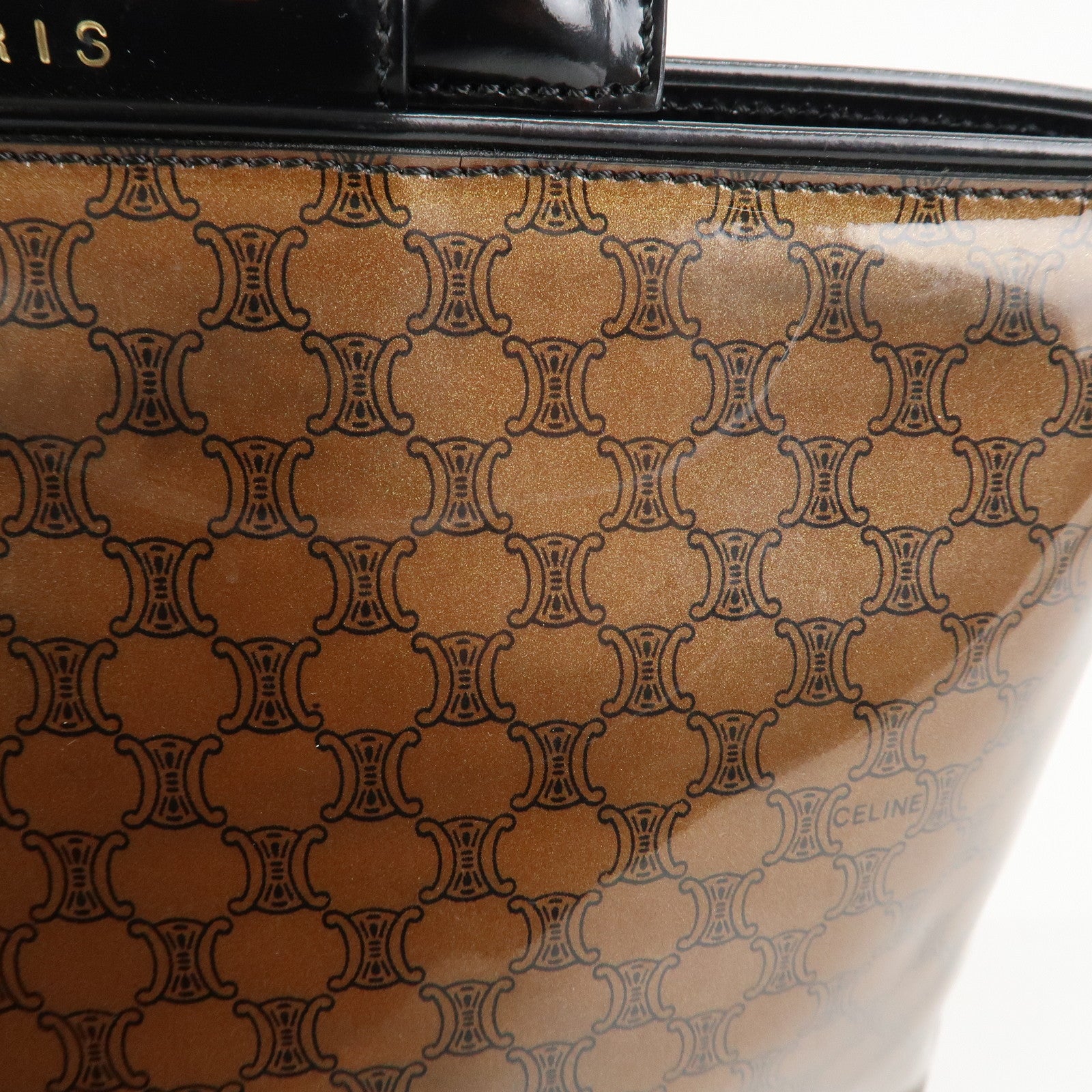 CELINE Macadam Patent Leather Mini Tote Bag Hand Bag Brown Black Used