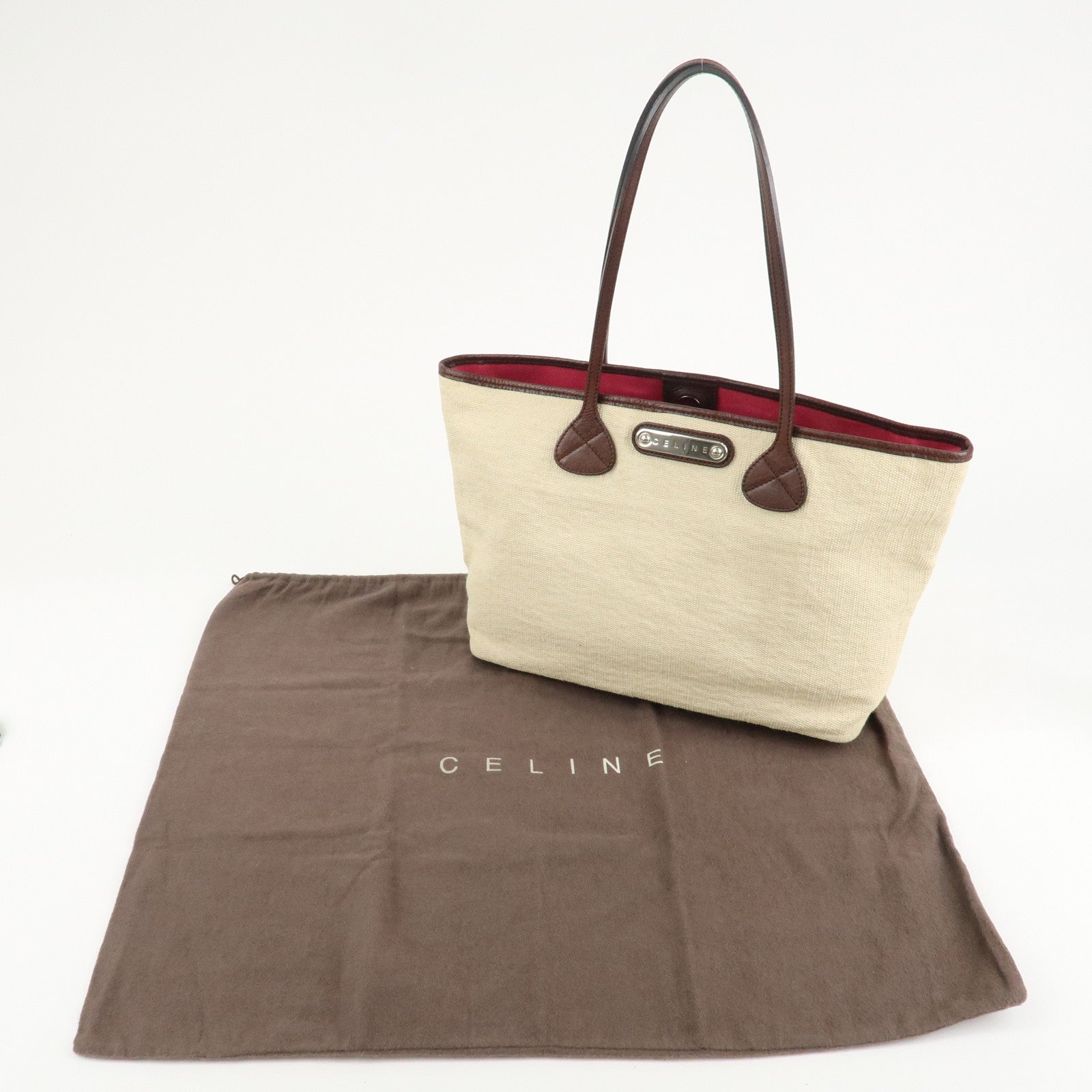 CELINE Canvas Leather Tote Bag Hand Bag Ivory Dark Brown Used