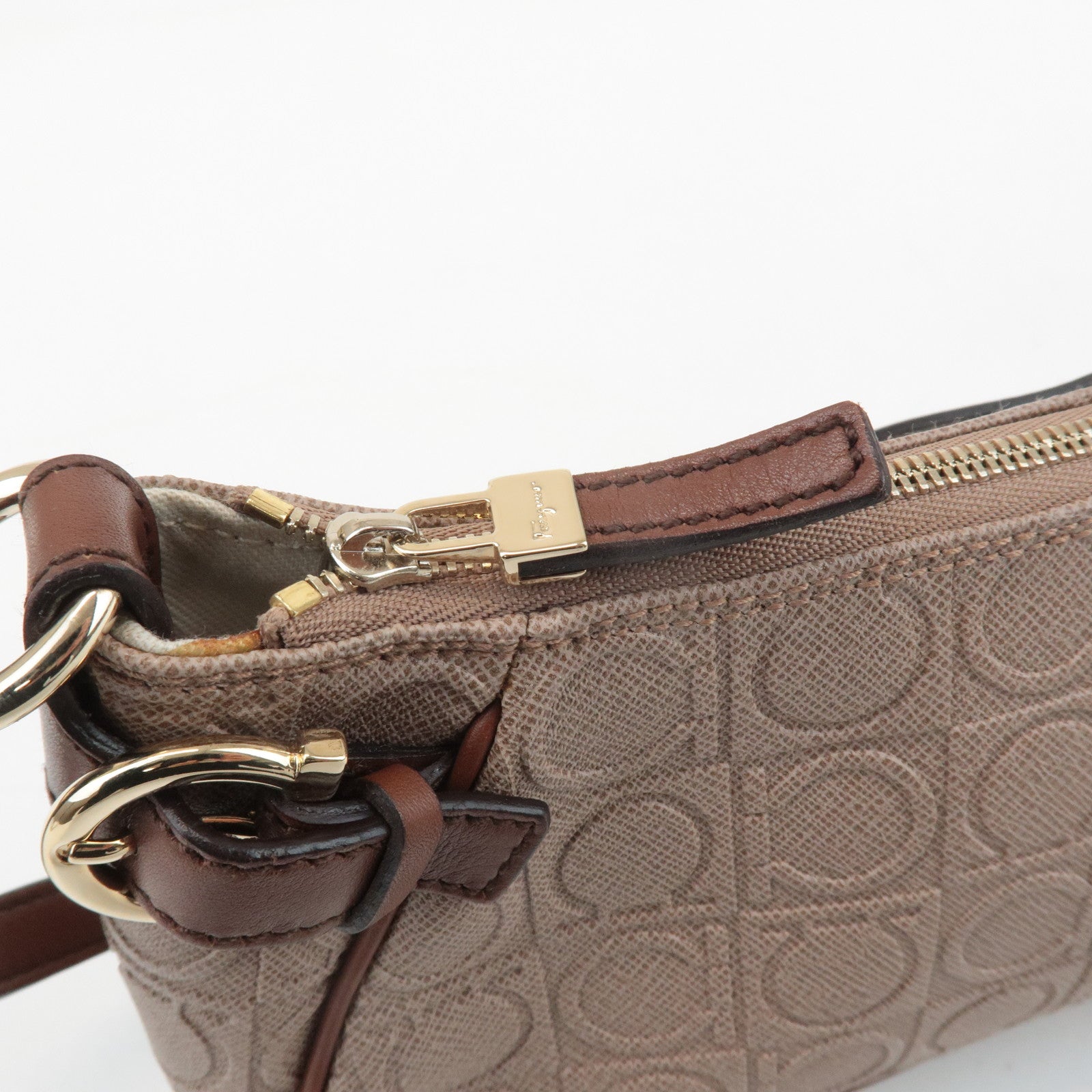 Ferragamo Gancini PVC Leather Shoulder Bag Pink Beige Brown Used