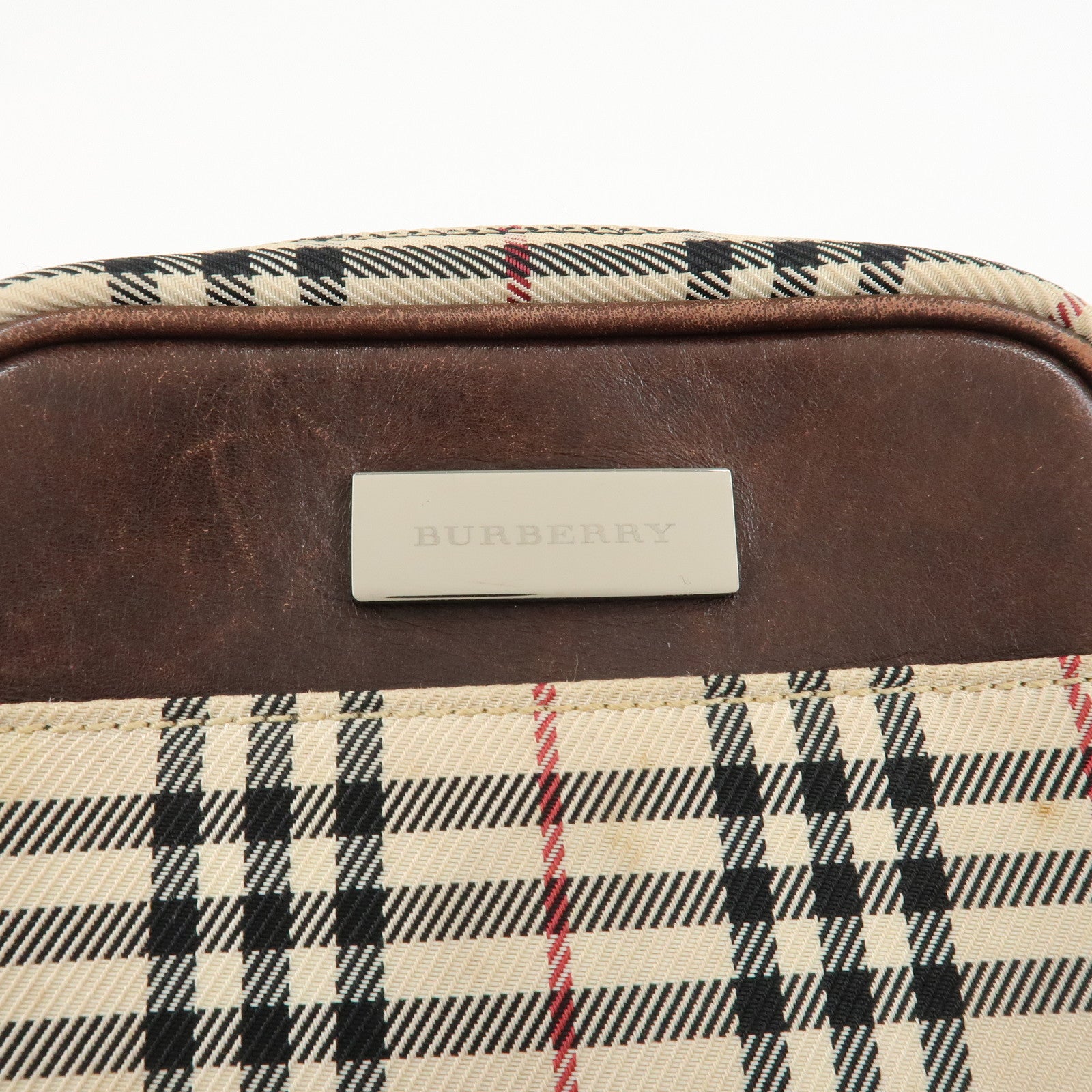 BURBERRY Nylon Leather Nova Plaid Shoulder Bag Beige Brown Used