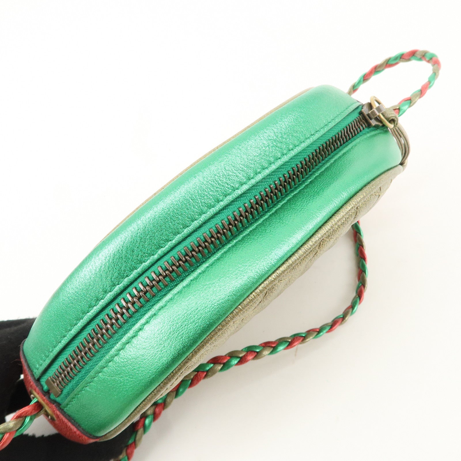 GUCCI Laminate Quilting Leather Shoulder Bag Green Red Gold 534951