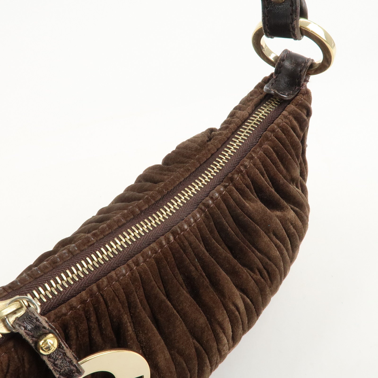FENDI Suede Leather Gathered Shoulder Bag Dark Brown 8BR454 Used