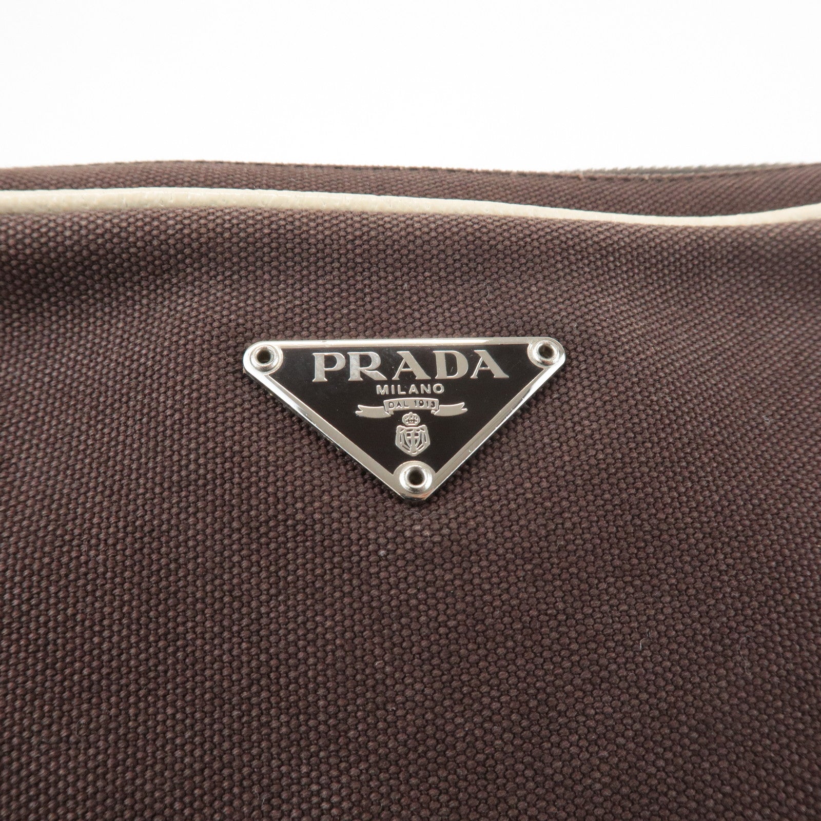 PRADA Triangle Logo Canvas Leather Shoulder Bag Brown Ivory Used