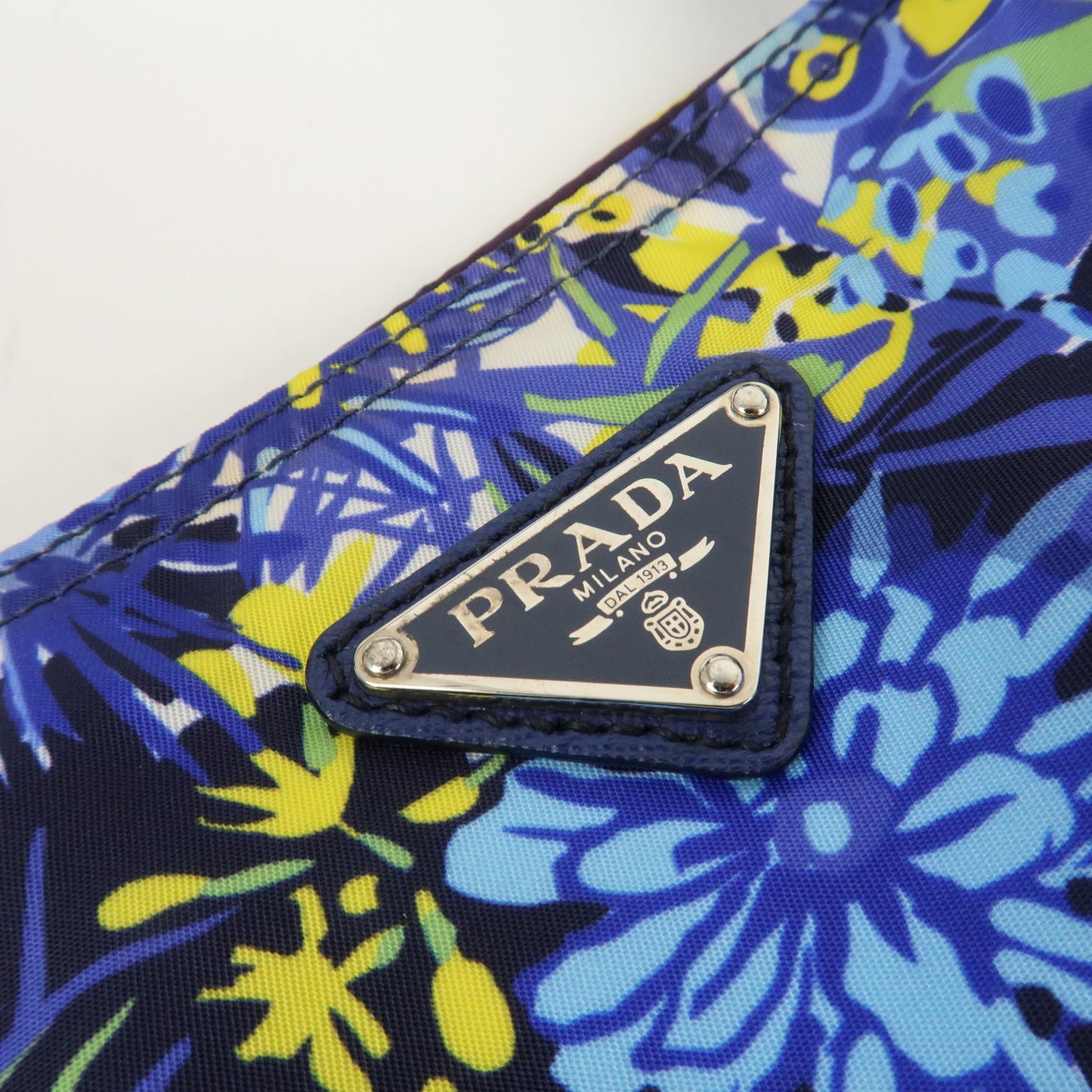 PRADA Logo Nylon Leather Tote Bag Floral Print Blue BN2851