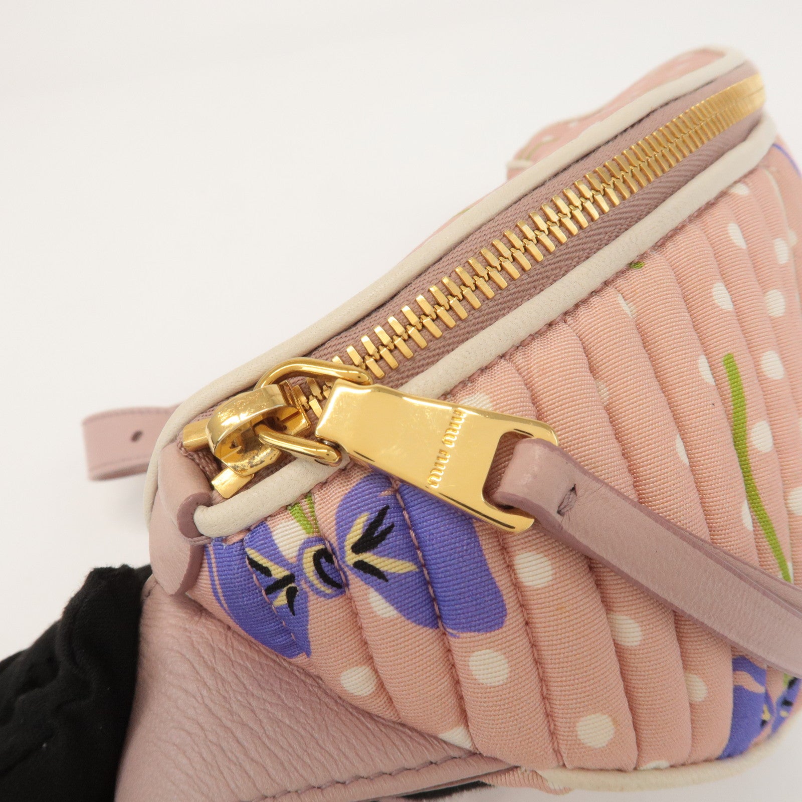 MIU MIU Matelasse Nylon Leather Flower Dots Body Bag Pink