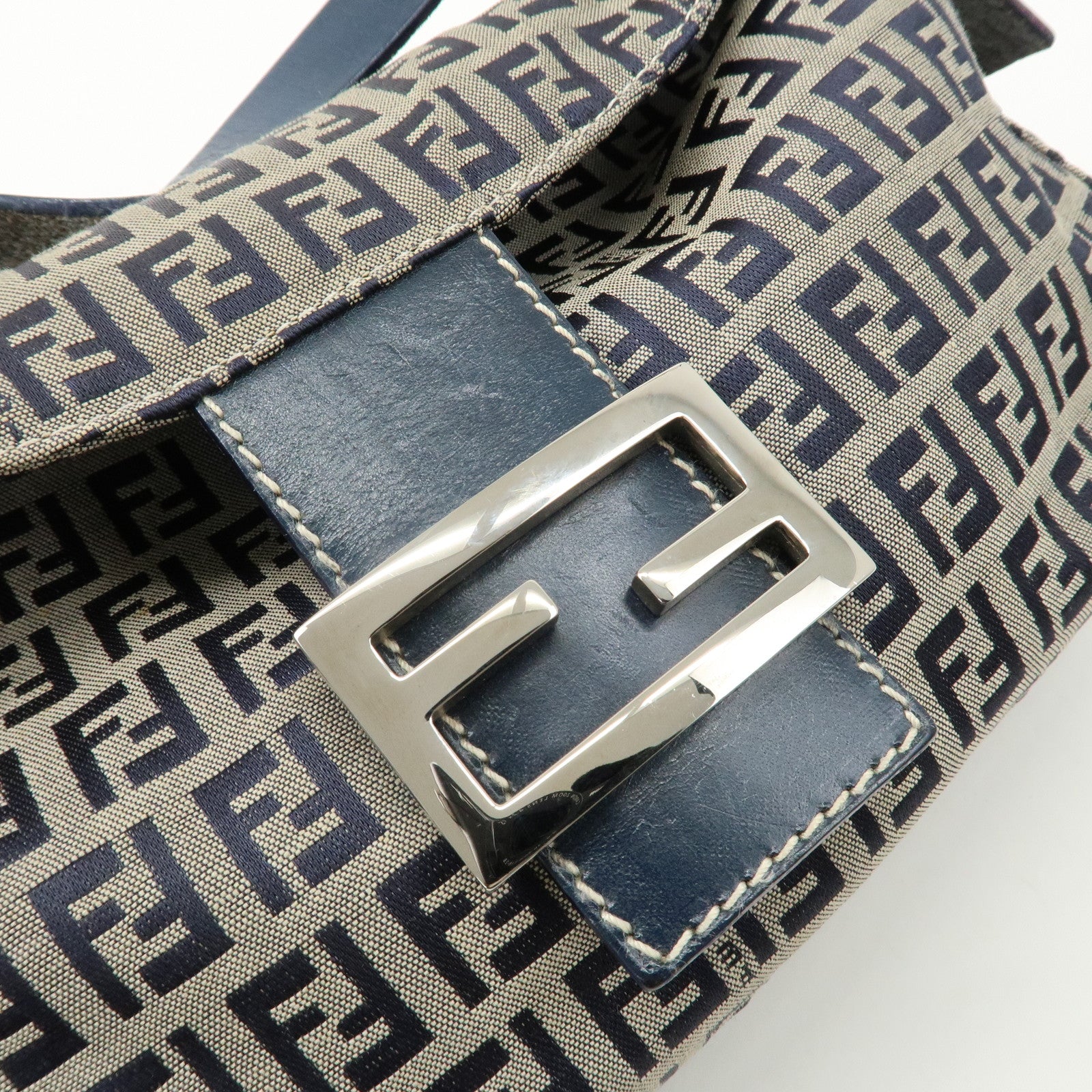 FENDI Zucchino Canvas Leather Shoulder Bag Navy Silver HDW 26725