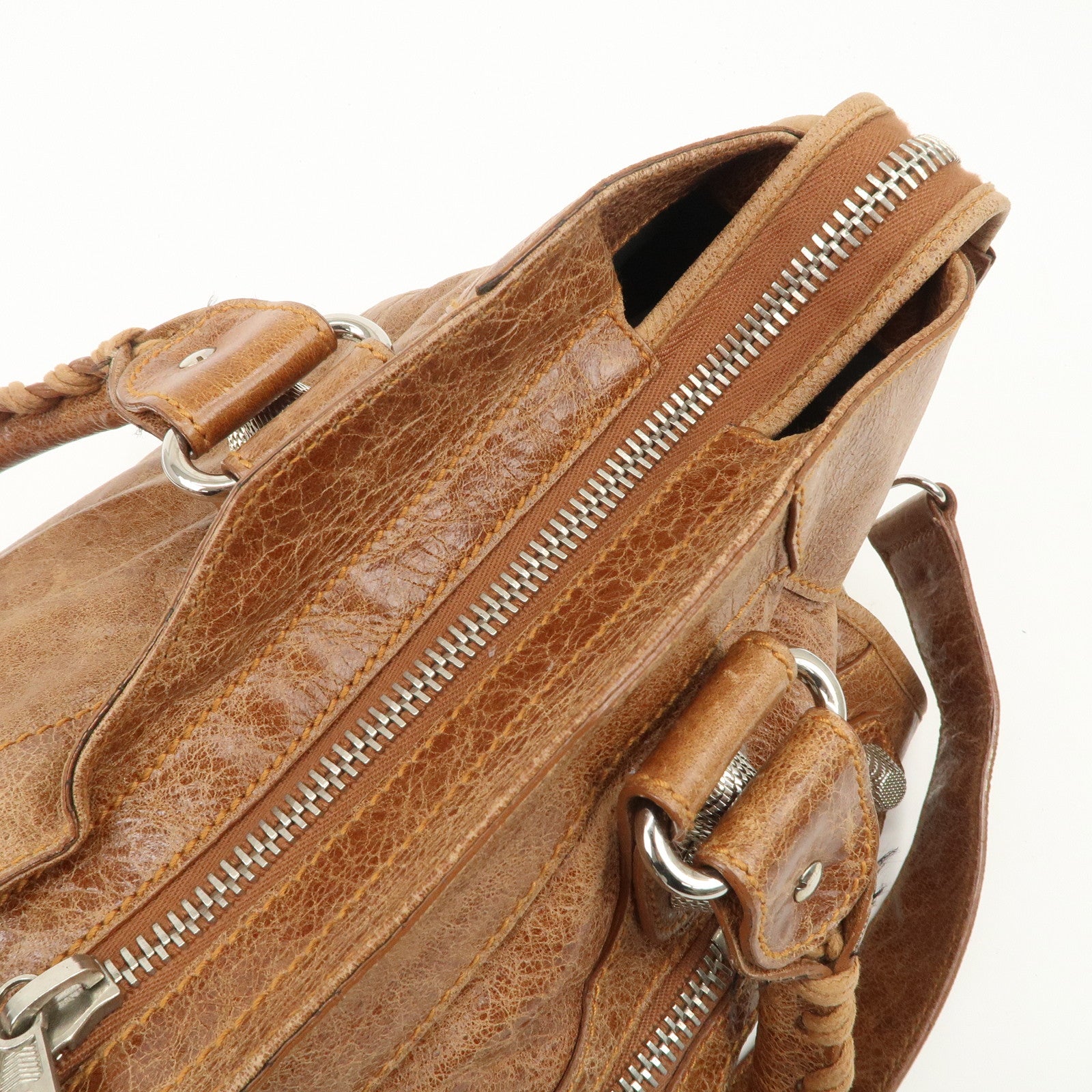 BALENCIAGA Giant City 2Way Bag Hand Bag Brown Silver HDW 173082 Used