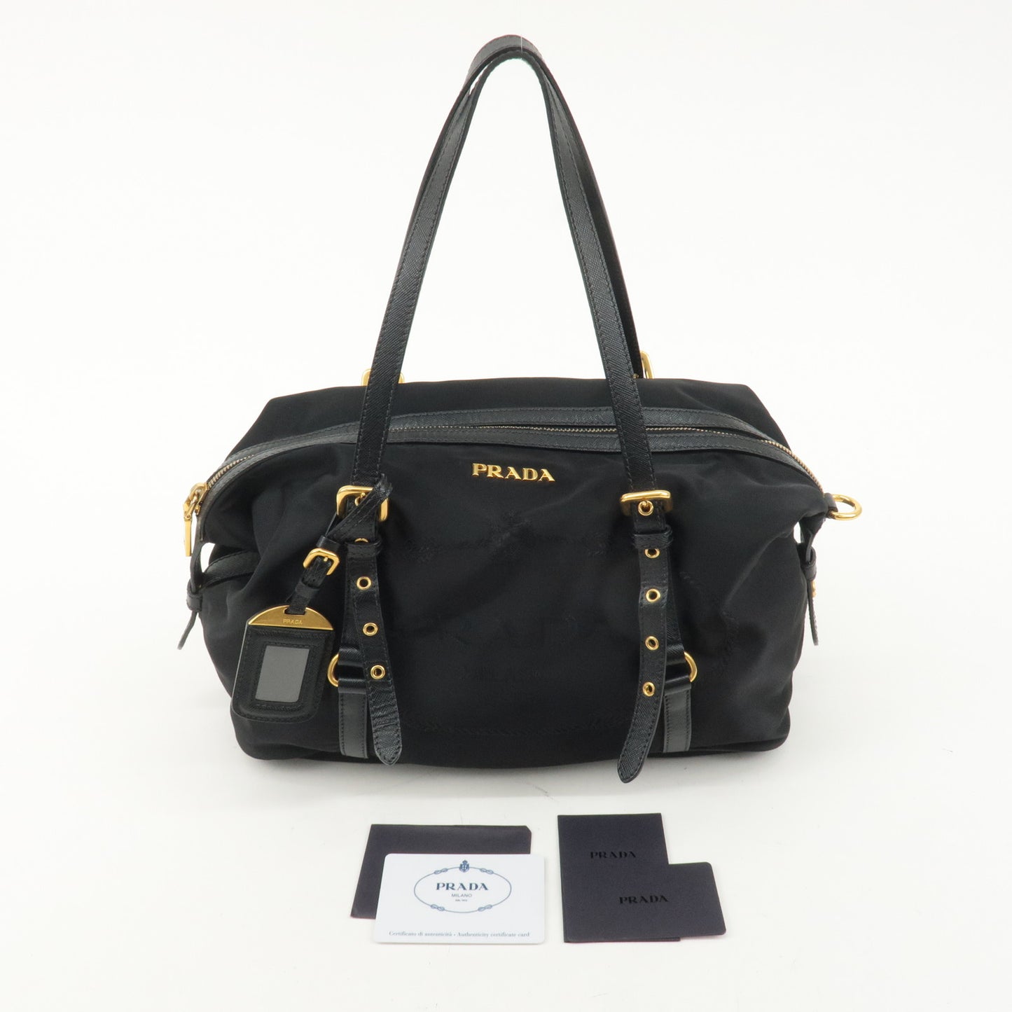 PRADA Logo Nylon Leather Tote Bag Shoulder Bag Black BL0600