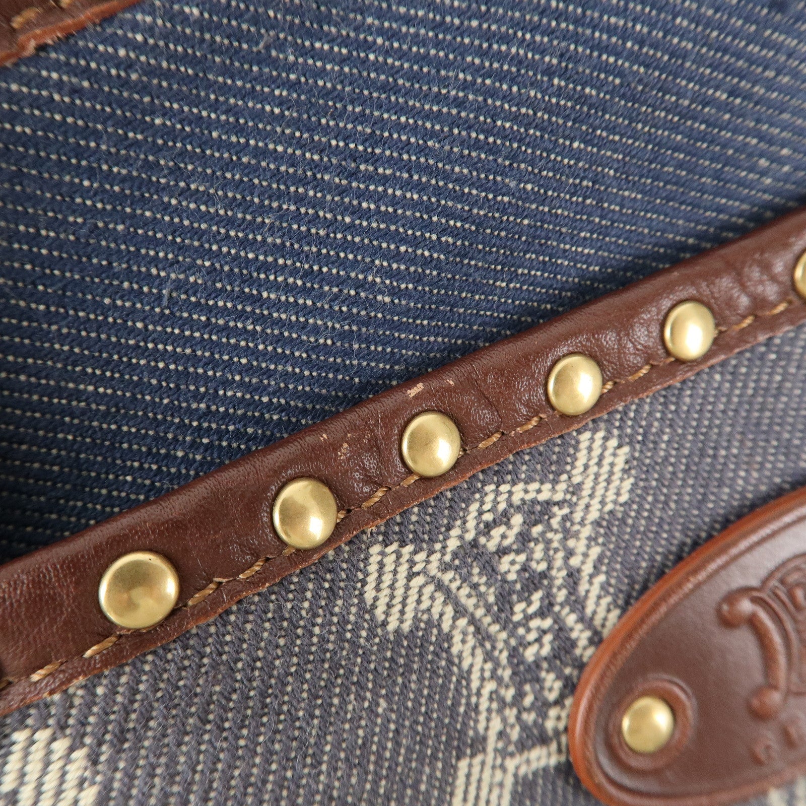 CELINE Macadam Denim Leather Studs Tote Bag Navy Brown Used