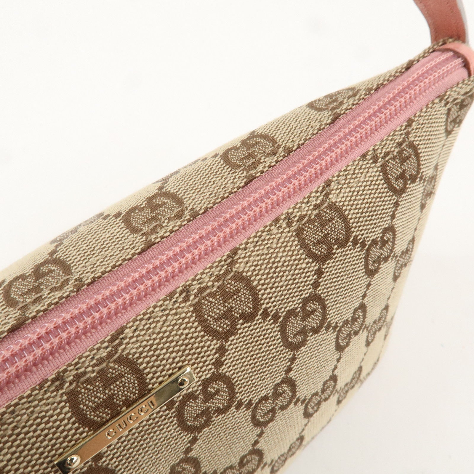 GUCCI GG Canvas Leather Boat Bag Hand Bag Pouch Beige Pink 7198