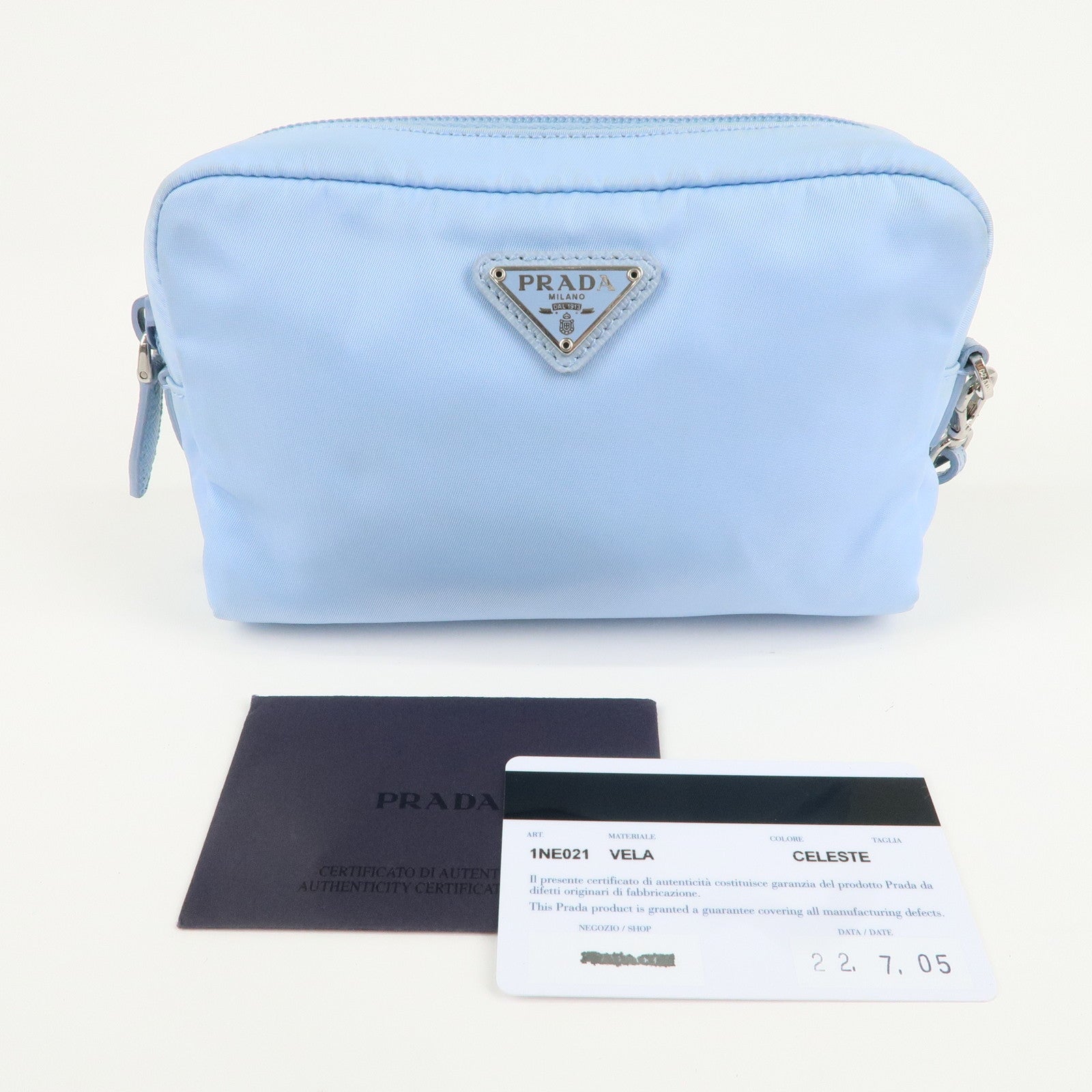 PRADA Logo Nylon Saffiano Leather Pouch Light Blue 1NE021