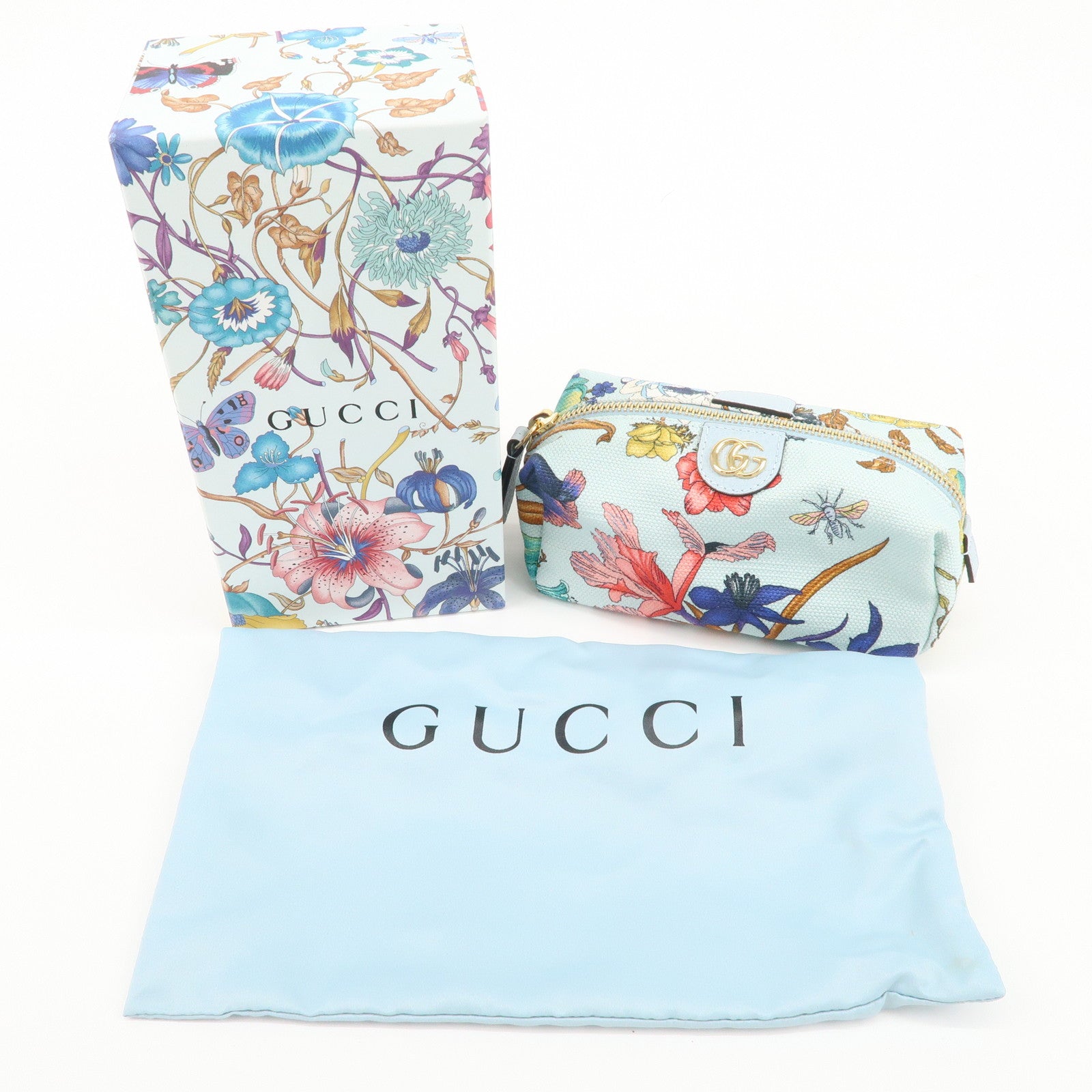 GUCCI Ophidia GG Flora Canvas Leather Pouch Blue 577355