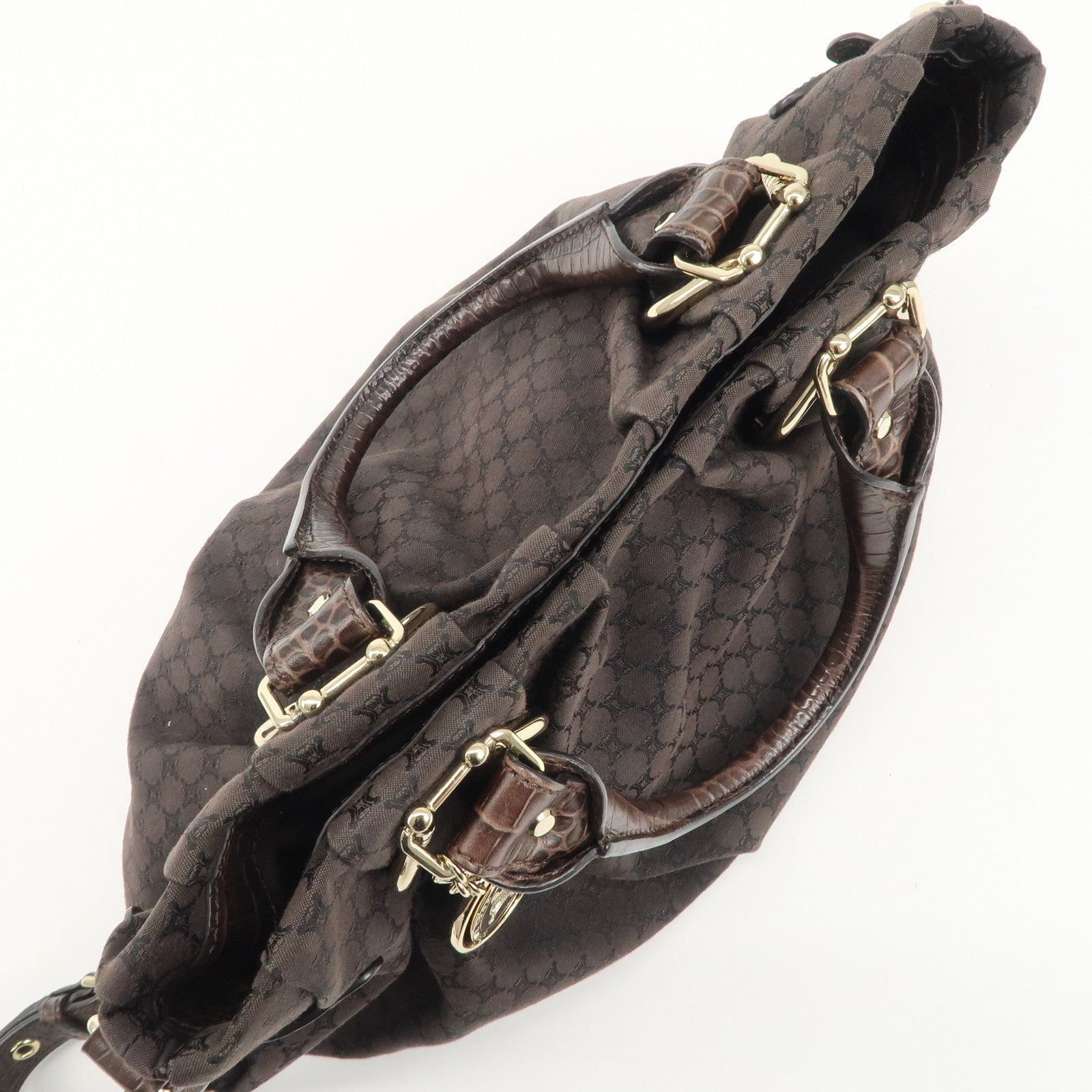 CELINE Macadam Canvas Leather 2Way Bag Gold Charm Dark Brown Used