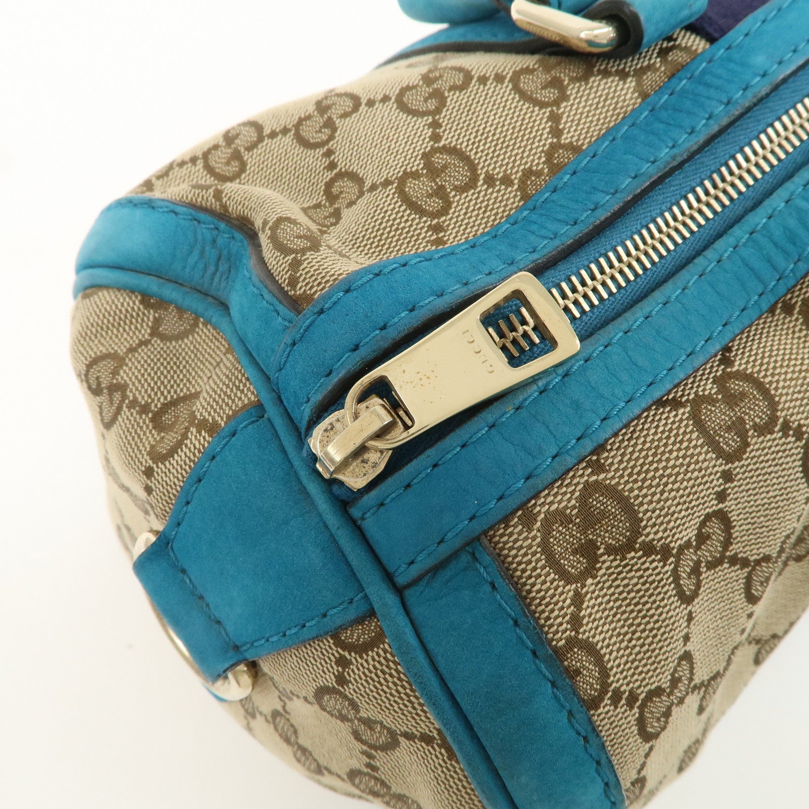 GUCCI Sherry GG Canvas Leather Boston Bag Beige Blue 247205