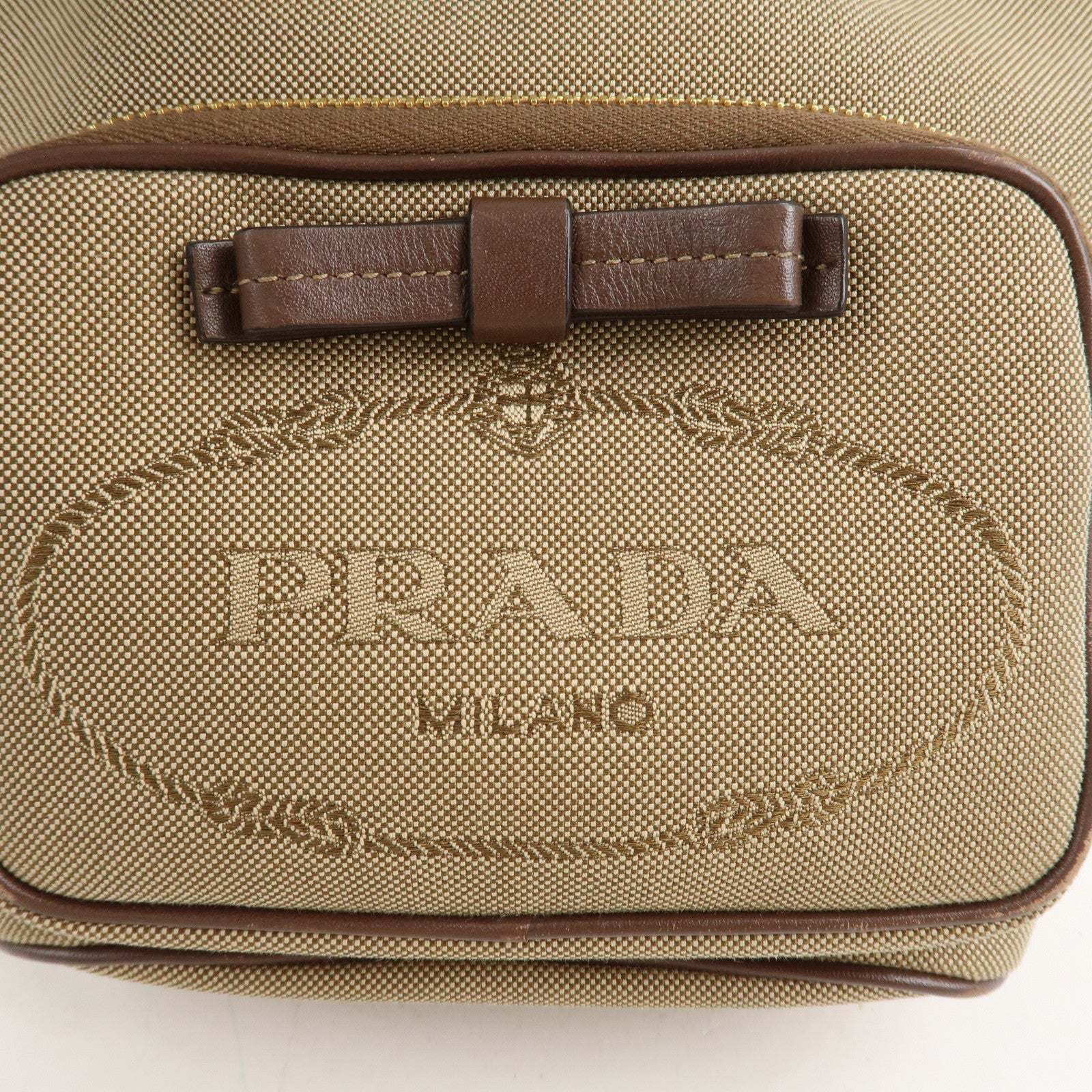 PRADA Logo Jacquard Leather Drawstring Shoulder Bag Beige 1BH038