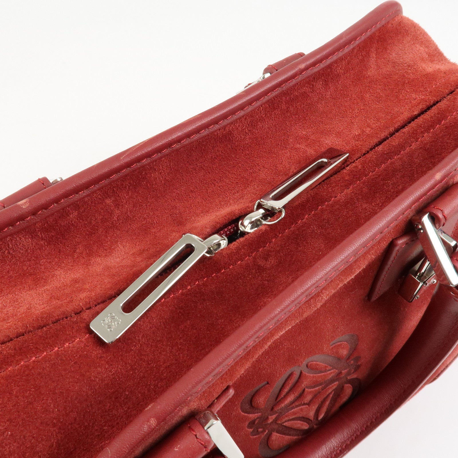 LOEWE Anagram Suede Leather Amazona 28 Hand Bag Red Silver HDW Used