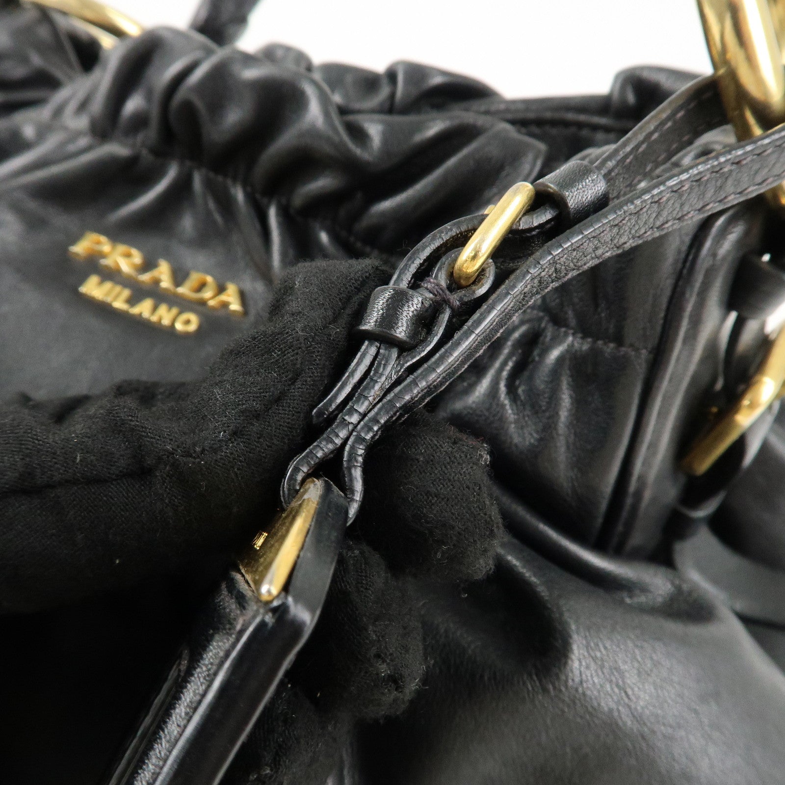 PRADA Leather Shoulder Bag Hand Bag Black Gold Hardware