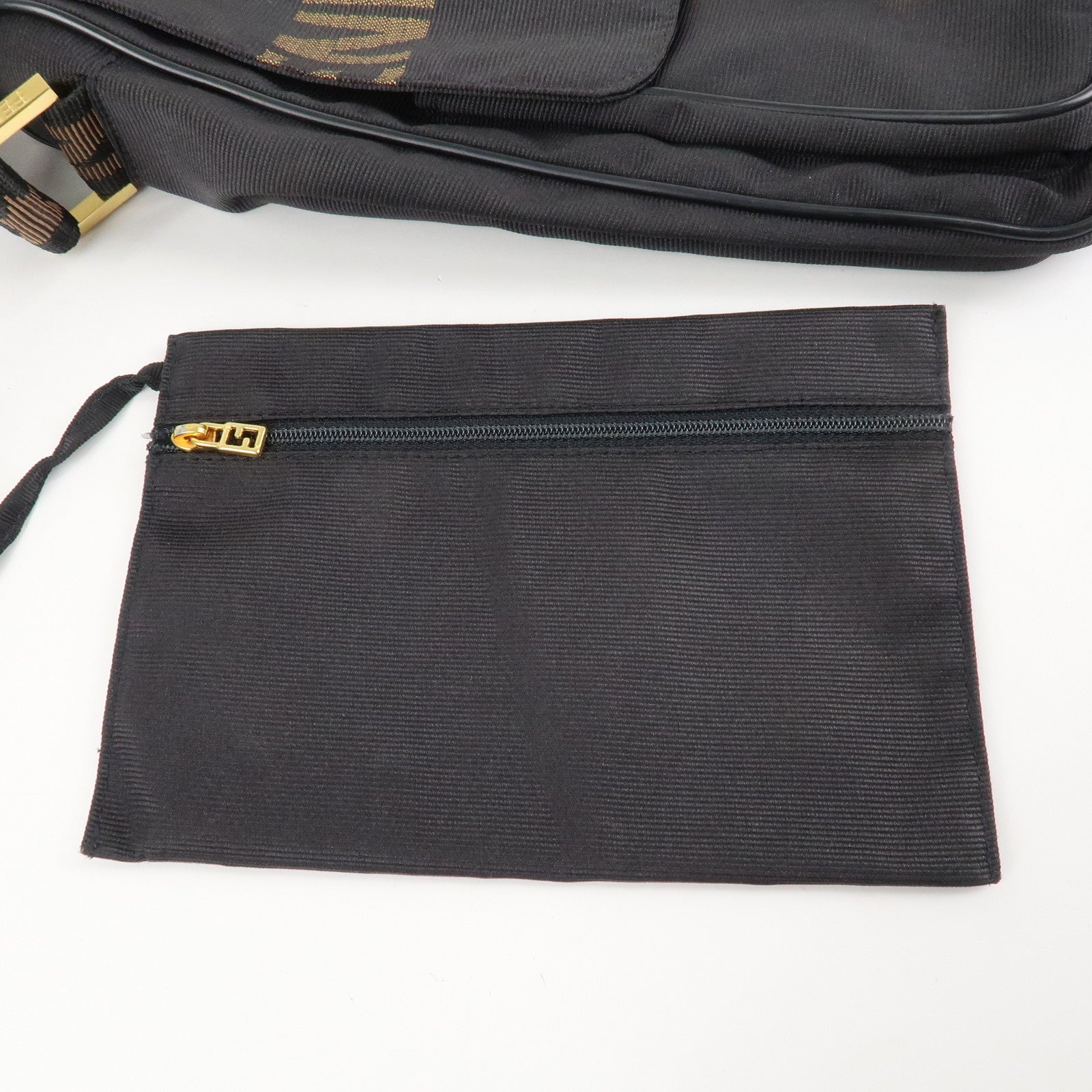 FENDI Nylon Canvas Leather Shoulder Bag Hand Bag Black Brown Used