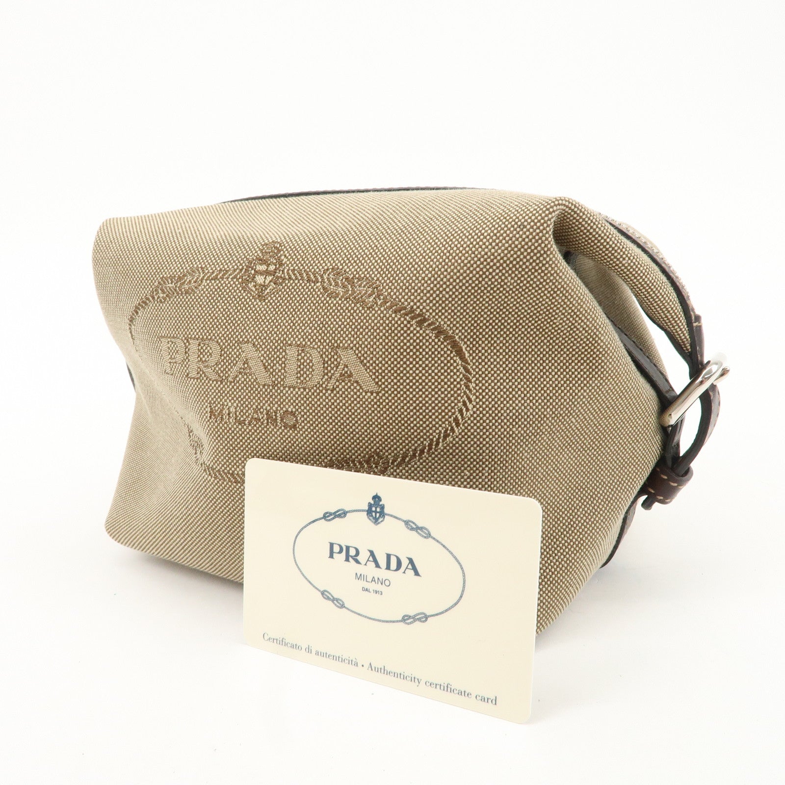 PRADA Logo Jacquard Leather Pouch Beige Brown 1N1298