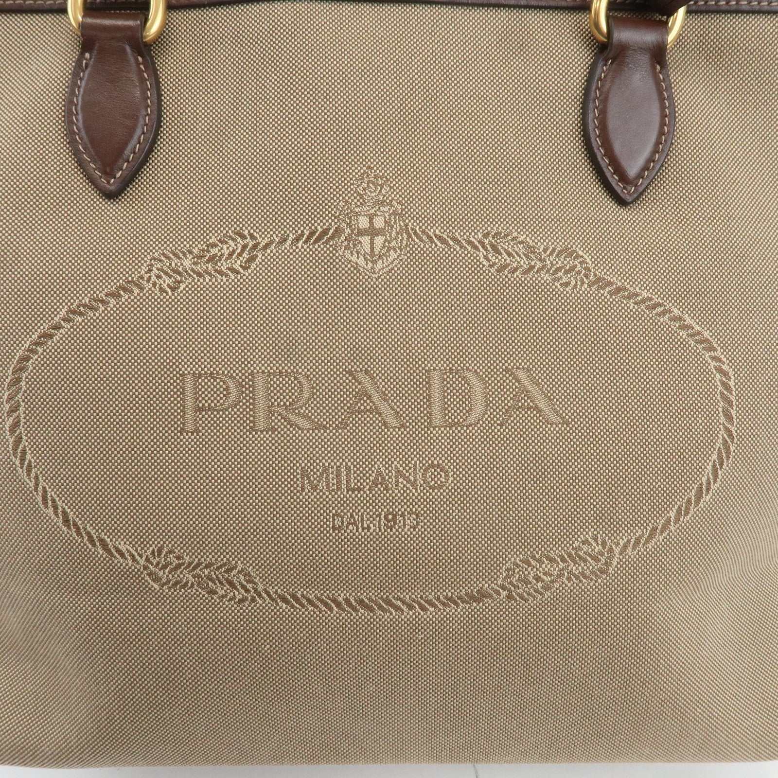 PRADA Logo Jacquard Leather Tote Bag Beige Brown 1BG159