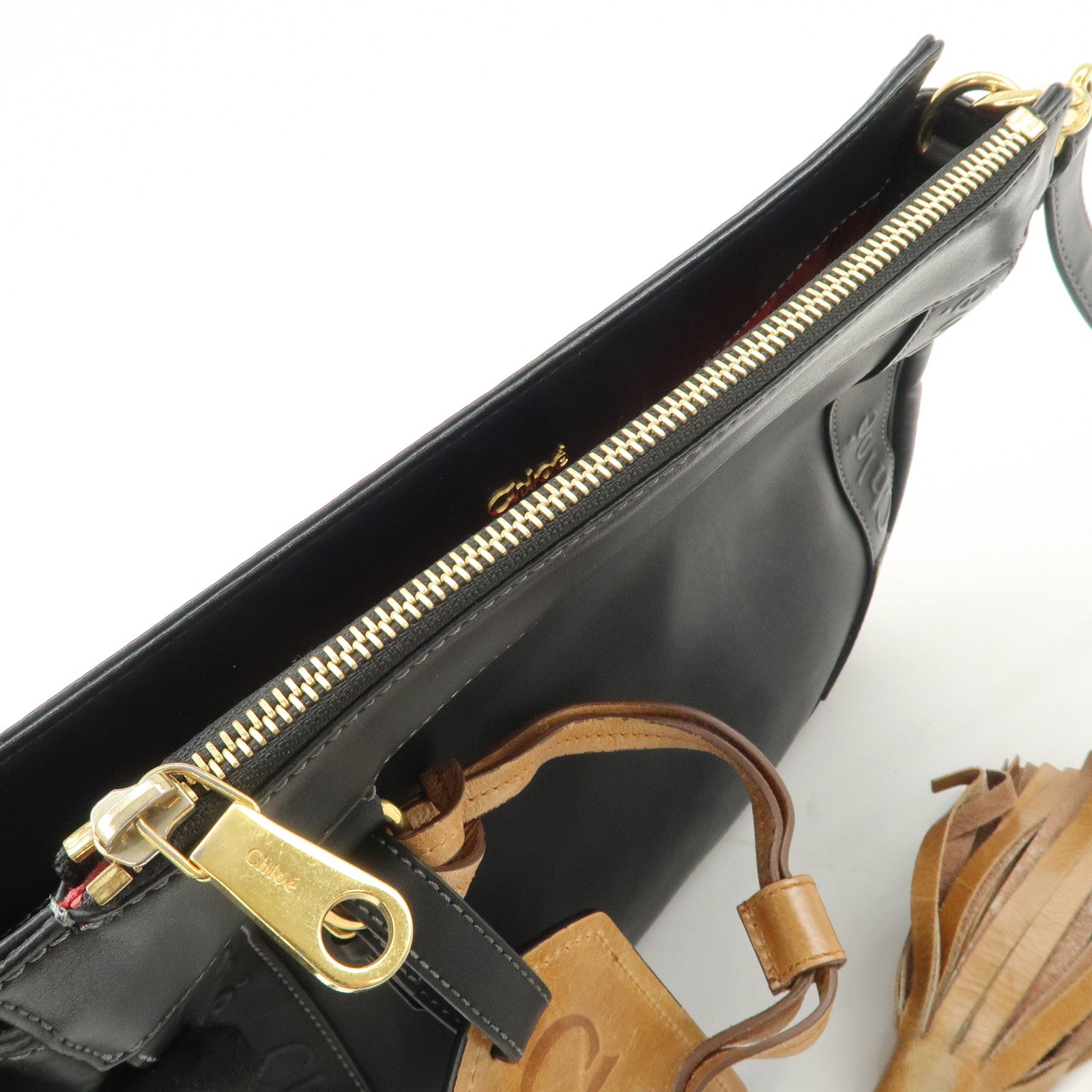 Chloe Eden Leather Tassel Shoulder Bag Black Brown Used