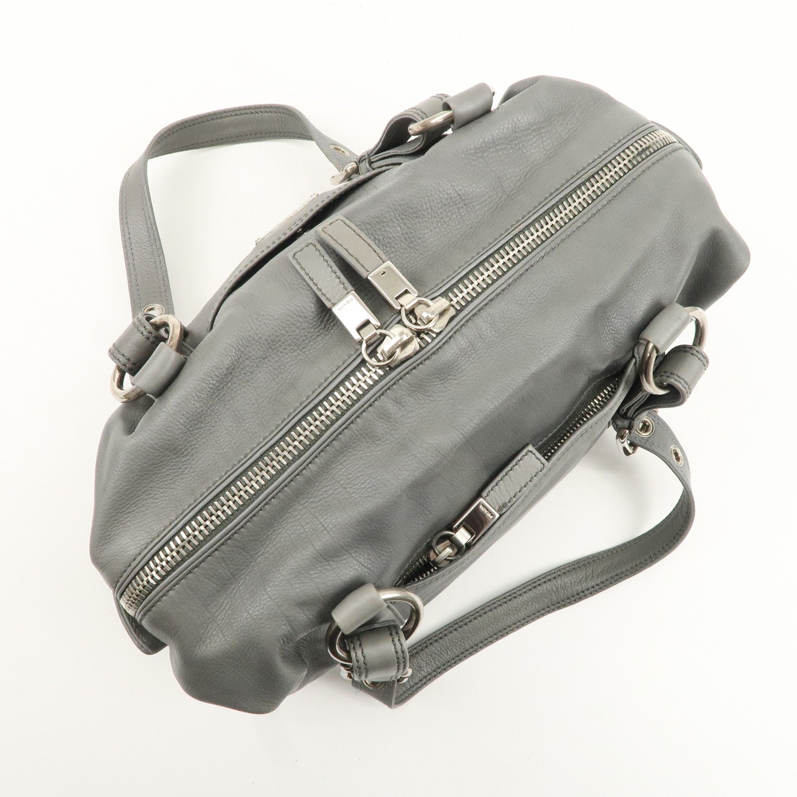 PRADA Leather Boston Bag Shoulder Bag Gray Silver Hardware