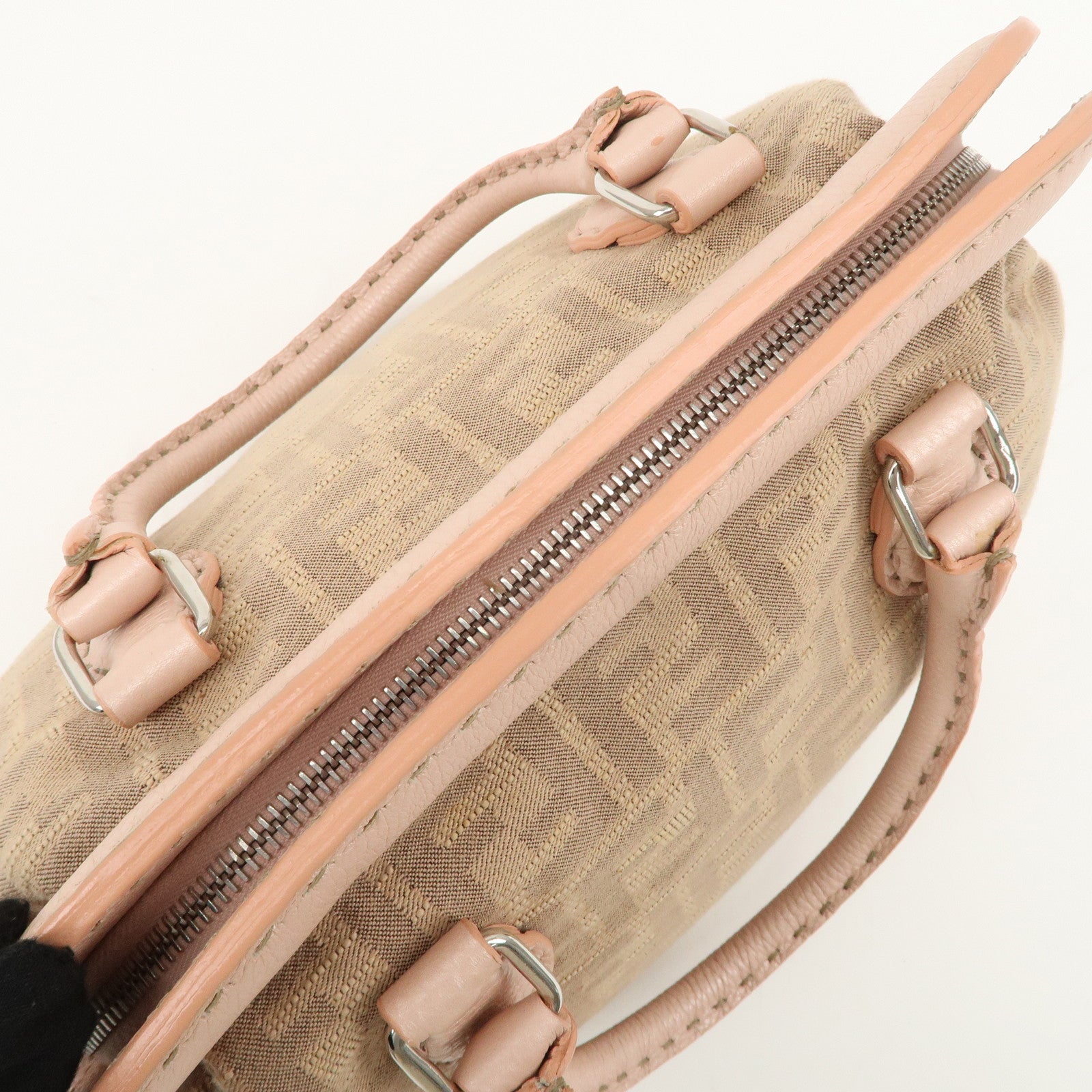 FENDI Zucca Selleria Canvas Leather Hand Bag Beige Pink 8BN123 Used