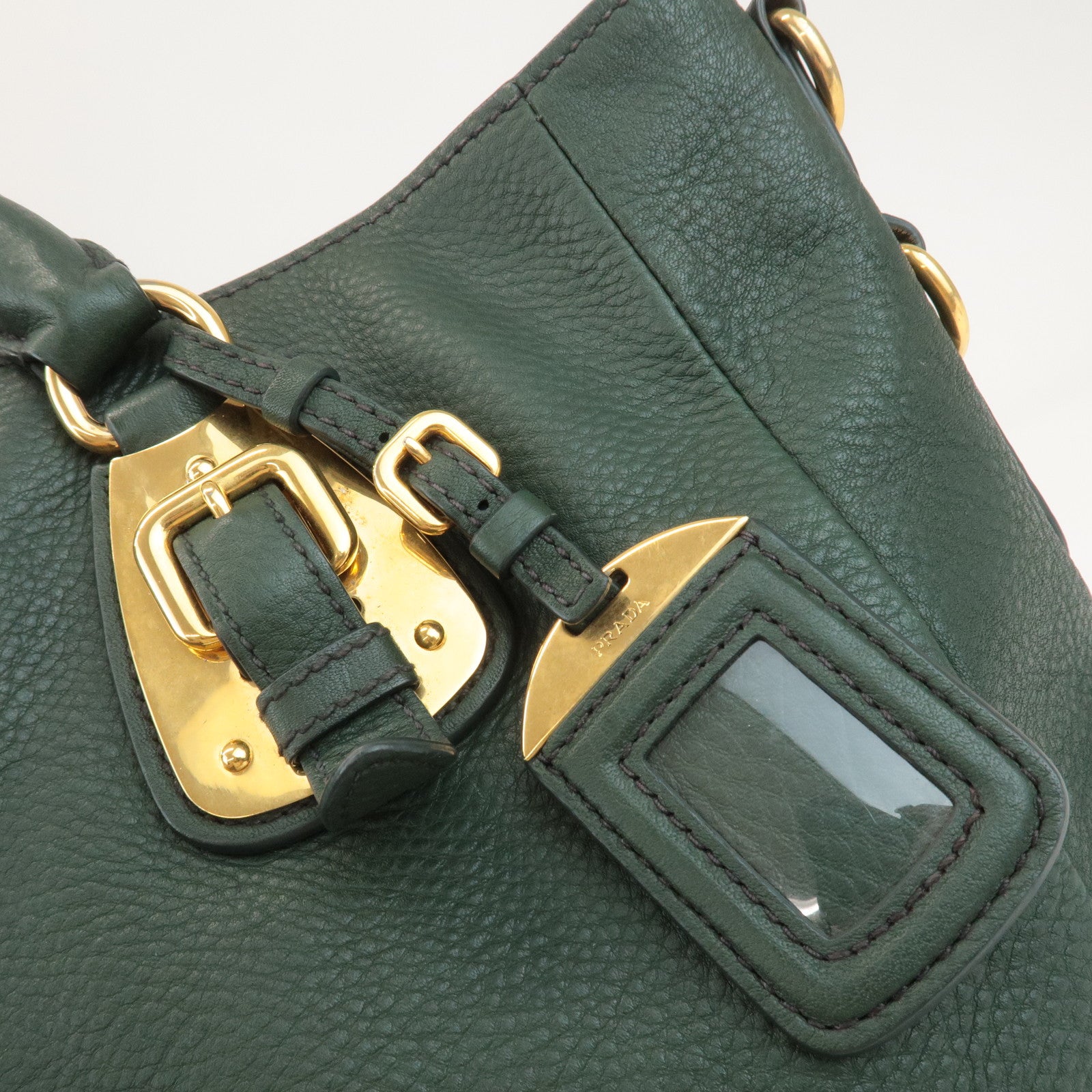 PRADA Leather 2Way Hand Bag Shoulder Bag Green Gold Hardware