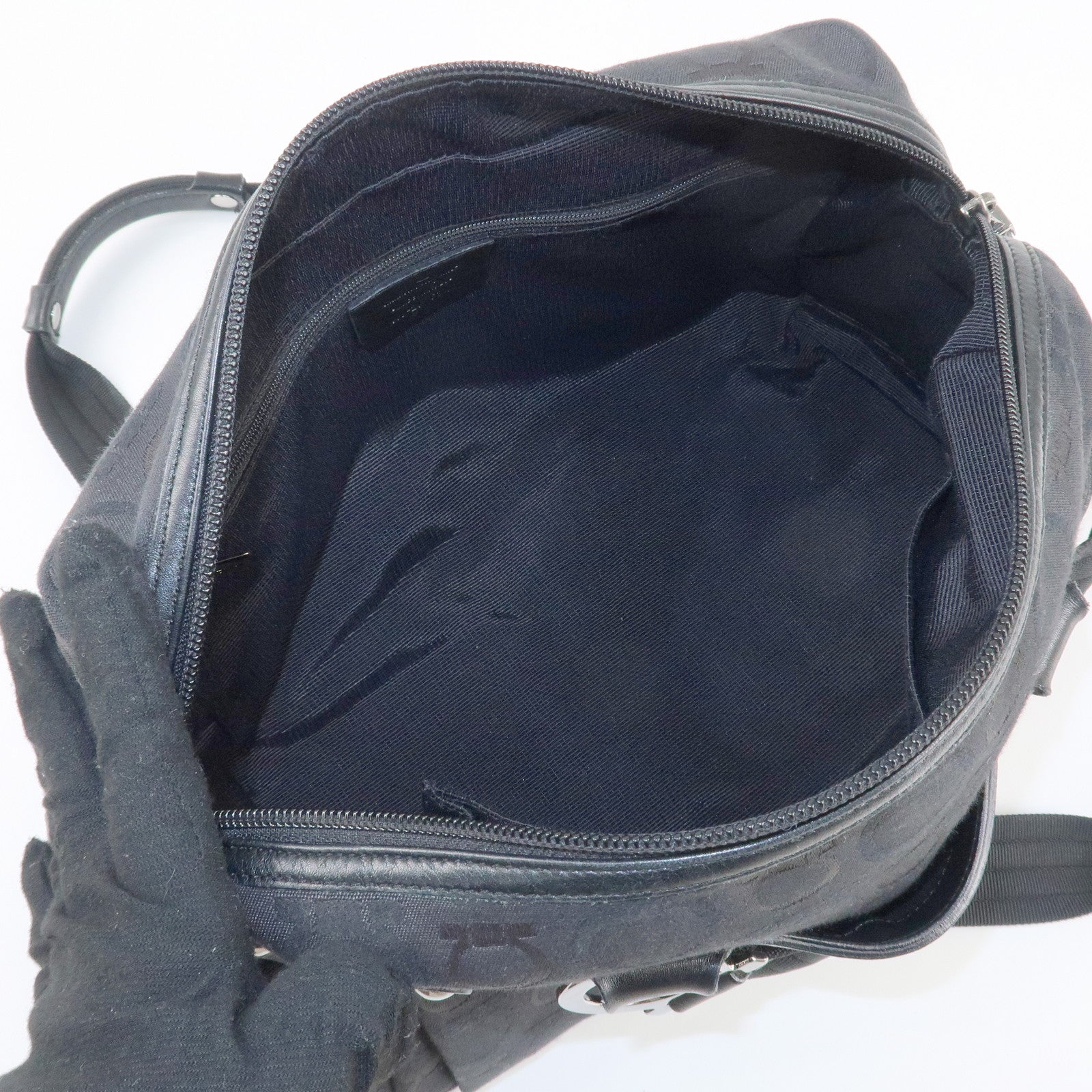 Ferragamo Gancini Pattern Canvas Leather Boston Bag Black Used